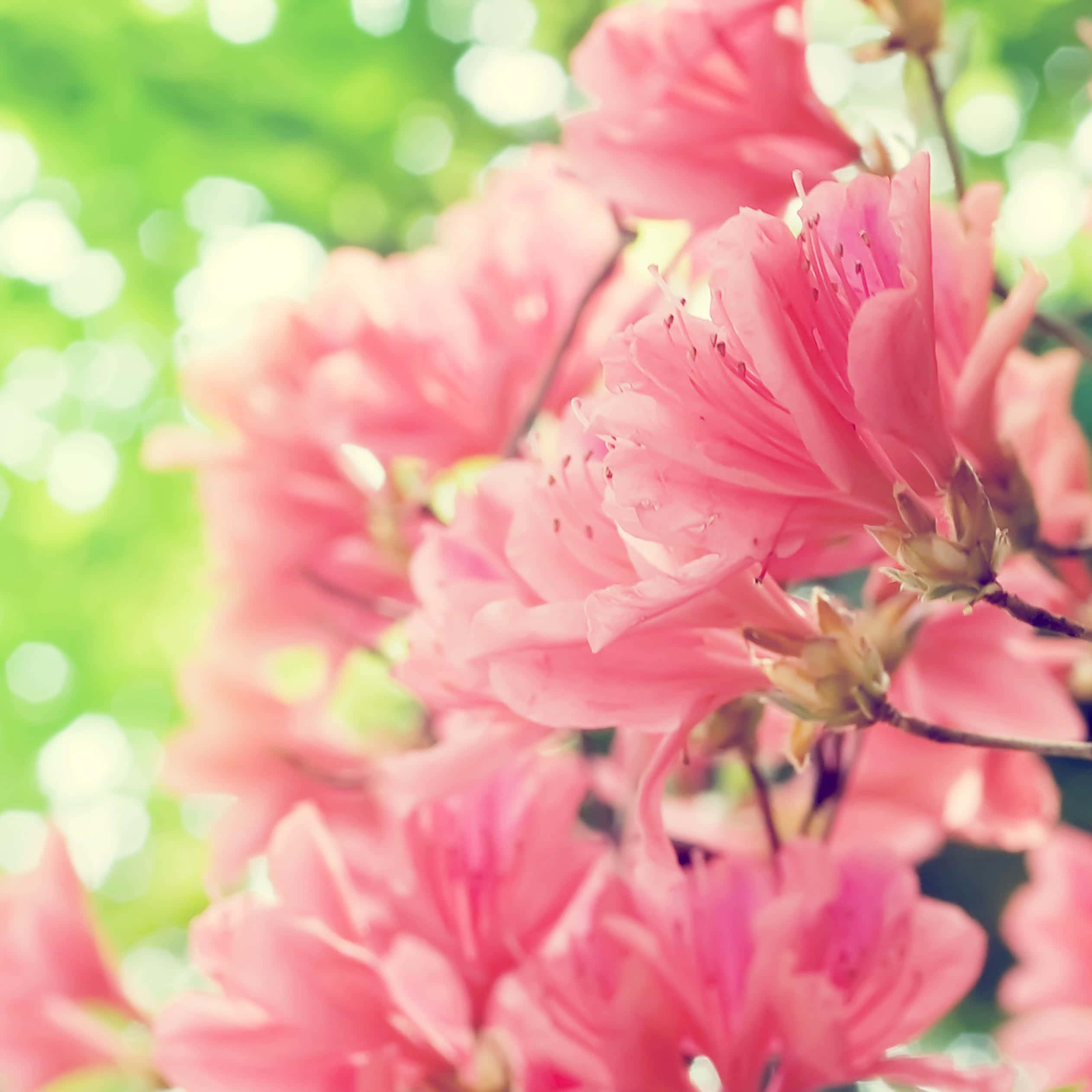 Spring Nature 桌布 壁紙 — 柔和的粉紅色杜鵑花在夢幻般的綠色散景背景下綻放，焦點清晰。