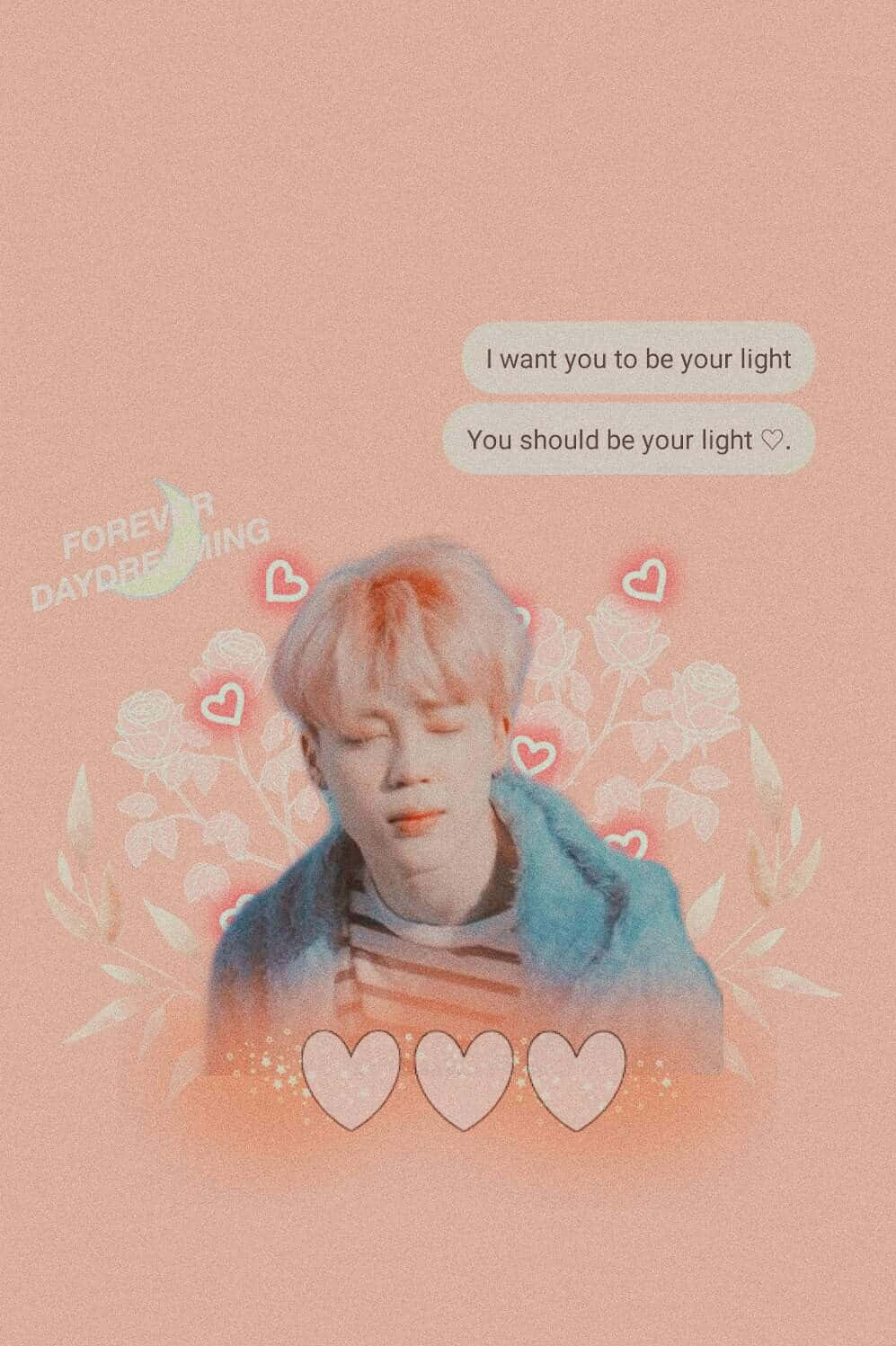 Soft Girl Aesthetic 桌布 壁紙 — 柔和的粉紅色桌布展示一個閉上眼睛的人，被心形、玫瑰和文字「I want you to be your light」包圍。