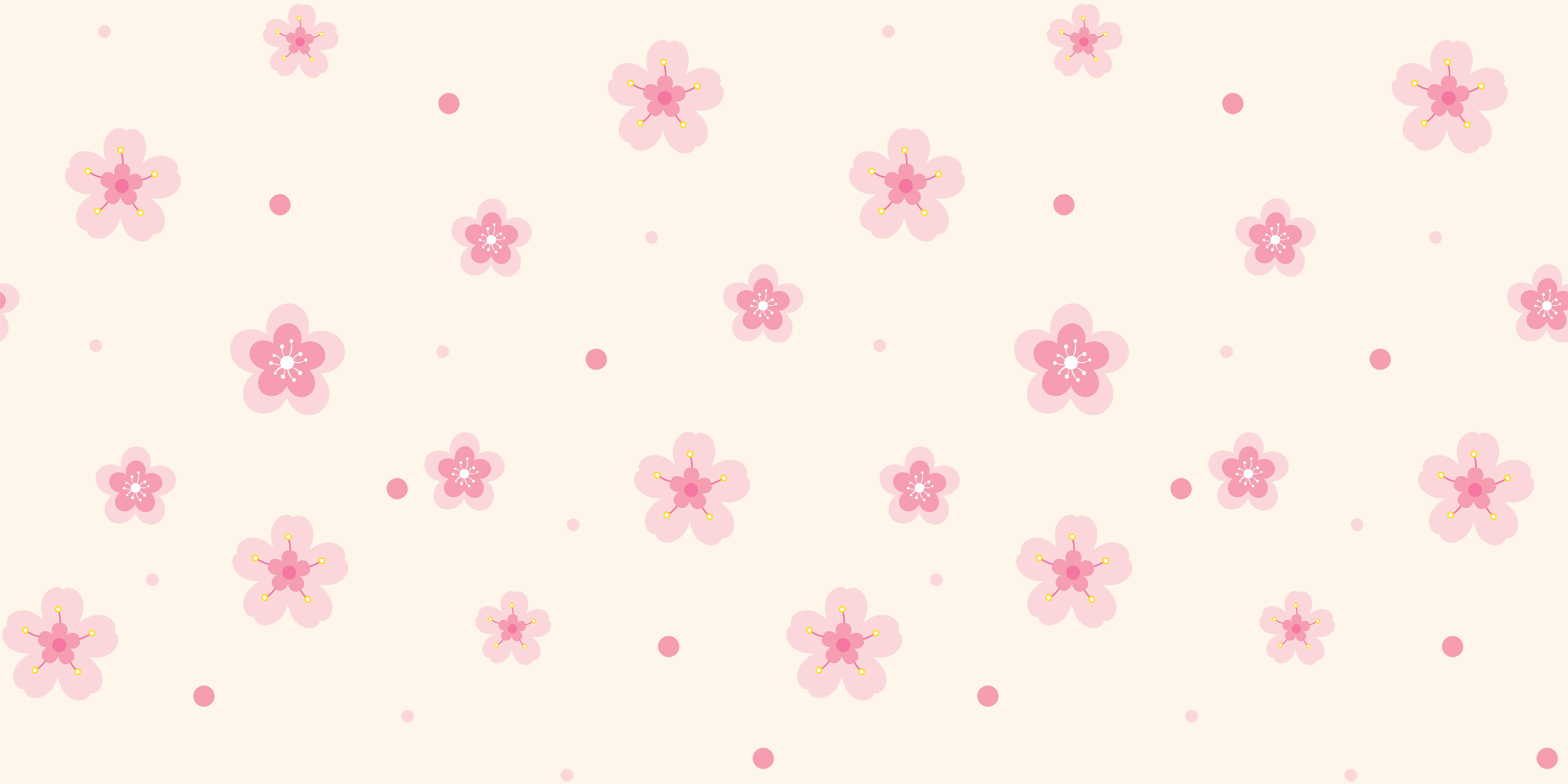 淺粉紅 桌布 壁紙 — 柔和的粉紅色櫻花和圓點在奶油色米色背景上輕輕飄浮，形成精緻的重複圖案。