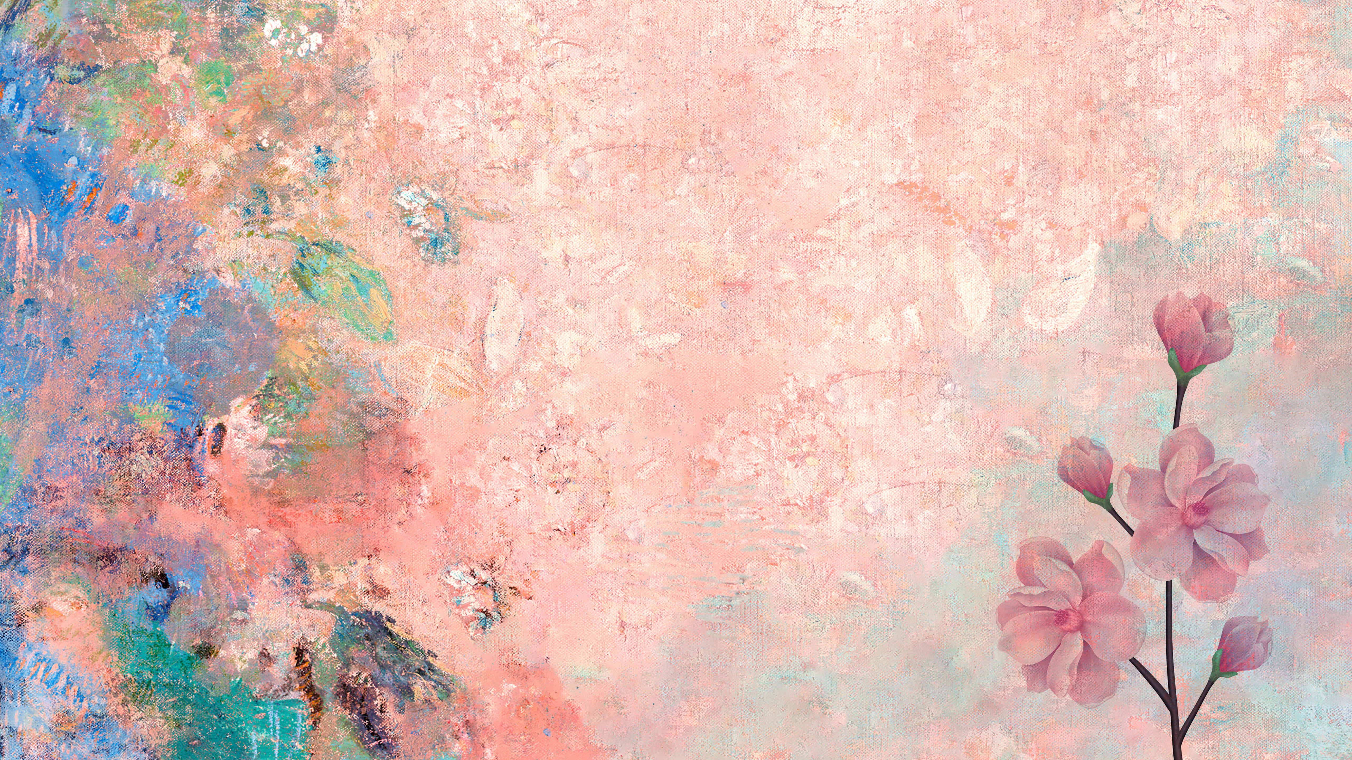 Painting 桌布 壁紙 — 柔和的粉紅色櫻花在帶有紋理的抽象粉藍和粉綠背景上盛開。
