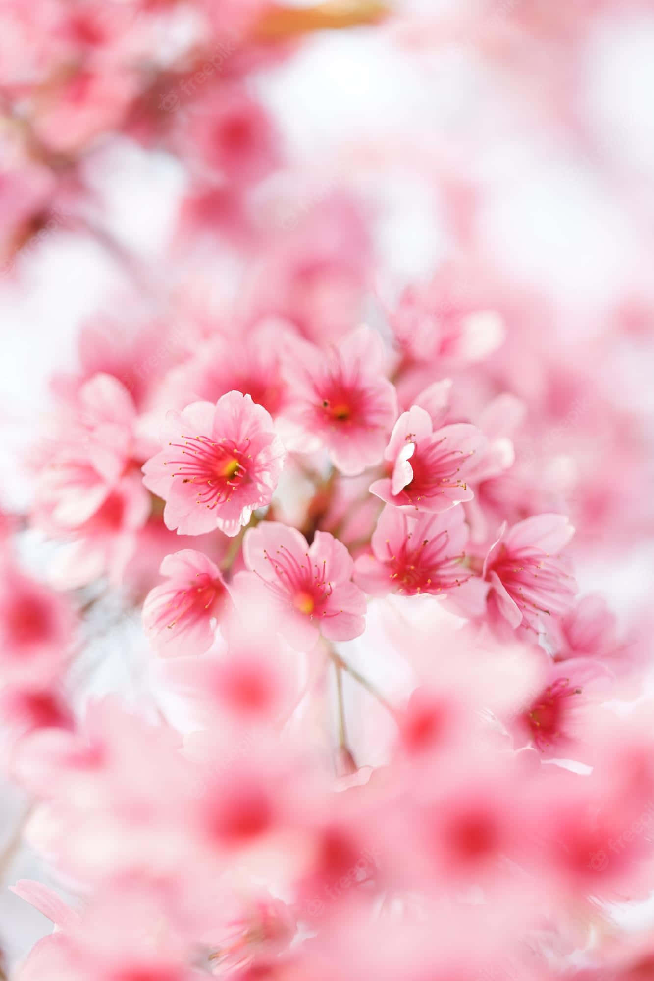 Sakura Blossom 桌布 壁紙 — 柔和的粉紅色櫻花在明亮的白色背景上以淺景深細膩綻放。