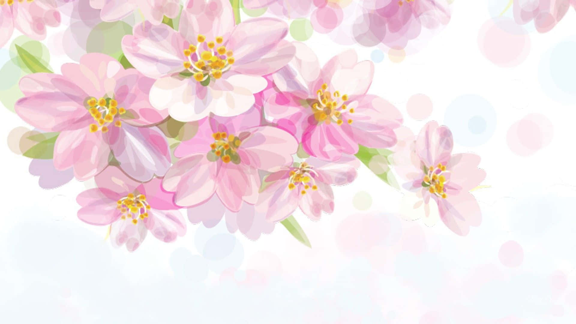 Simple Flower 桌布 壁紙 — 柔和的粉紅色櫻花帶有黃色花蕊，在夢幻般的柔和散景背景中盛開。