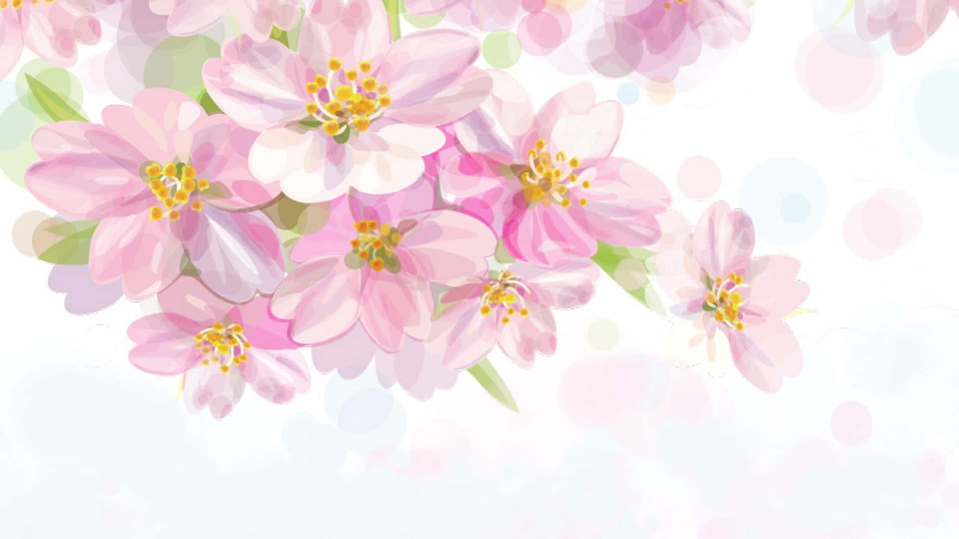 Kawaii Flower 桌布 壁紙 — 柔和的粉紅色櫻花帶有黃色花蕊，在夢幻般的粉彩散景背景下綻放。