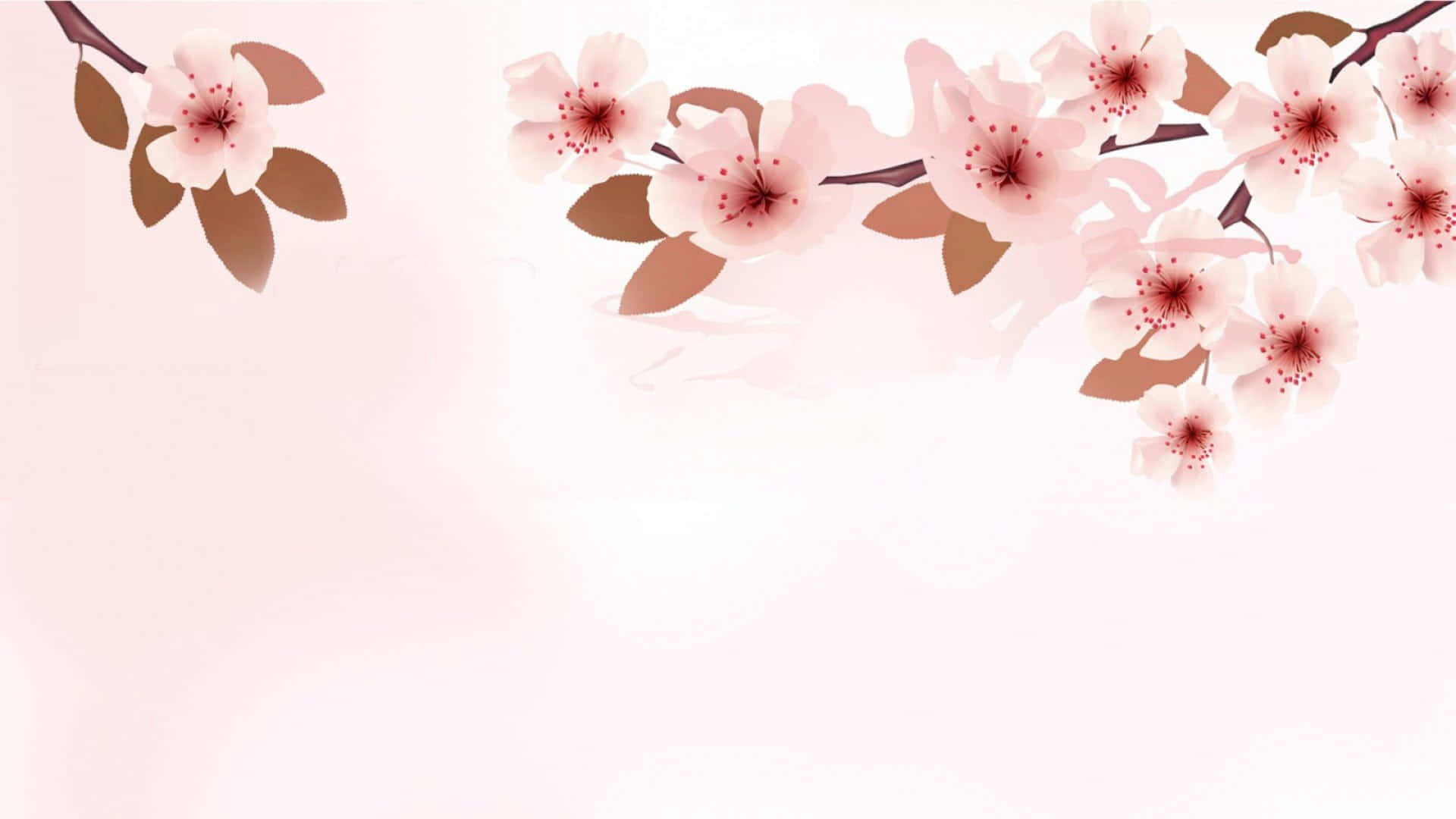 Kawaii Flower 桌布 壁紙 — 柔和的粉紅色櫻花與棕色葉子在深色樹枝上優雅綻放，襯托著柔和的粉彩背景。