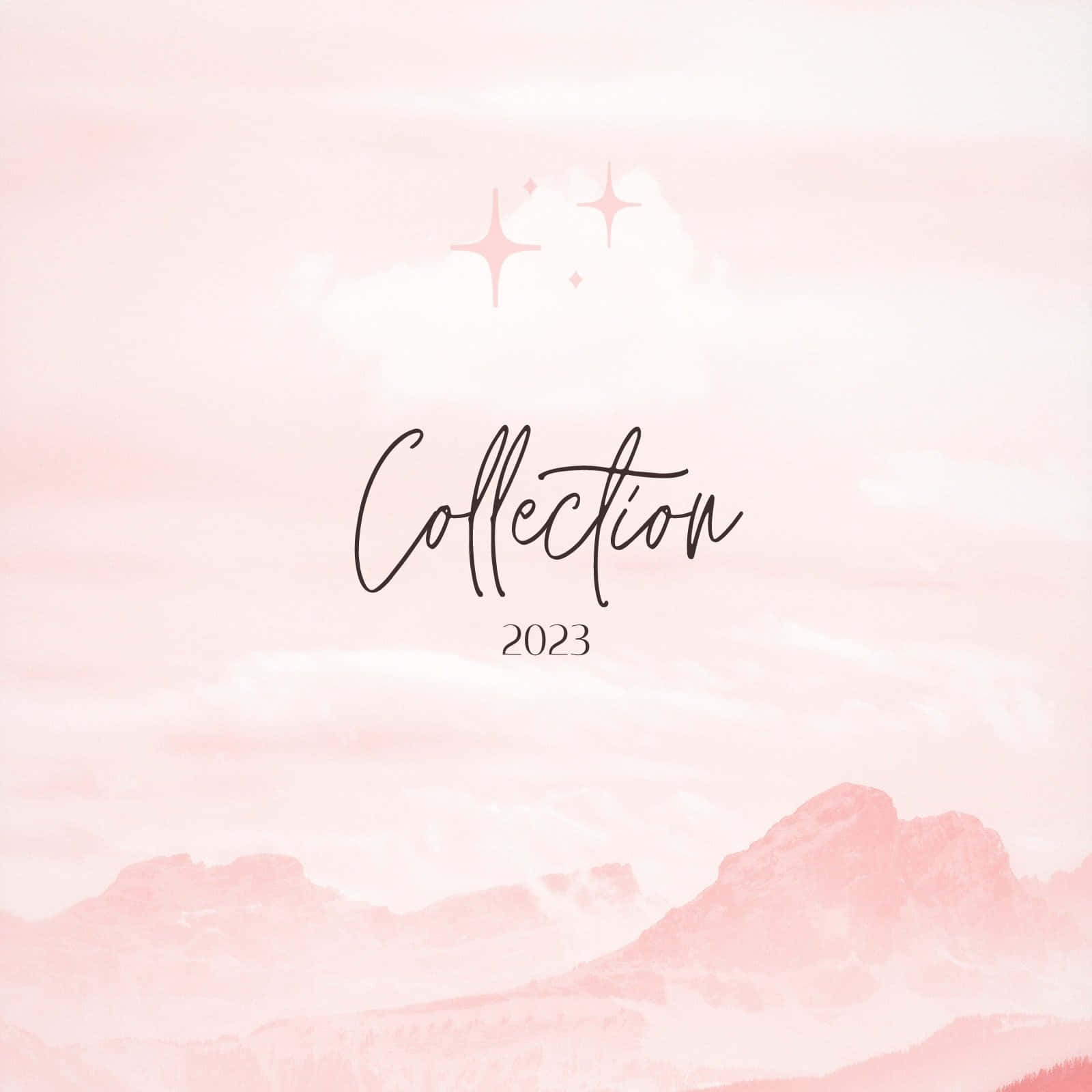 Canva 桌布 壁紙 — 柔和的粉紅色水彩山脈，在夢幻的天空下，閃爍的星星和優雅的草書文字寫著 Collection 2023。