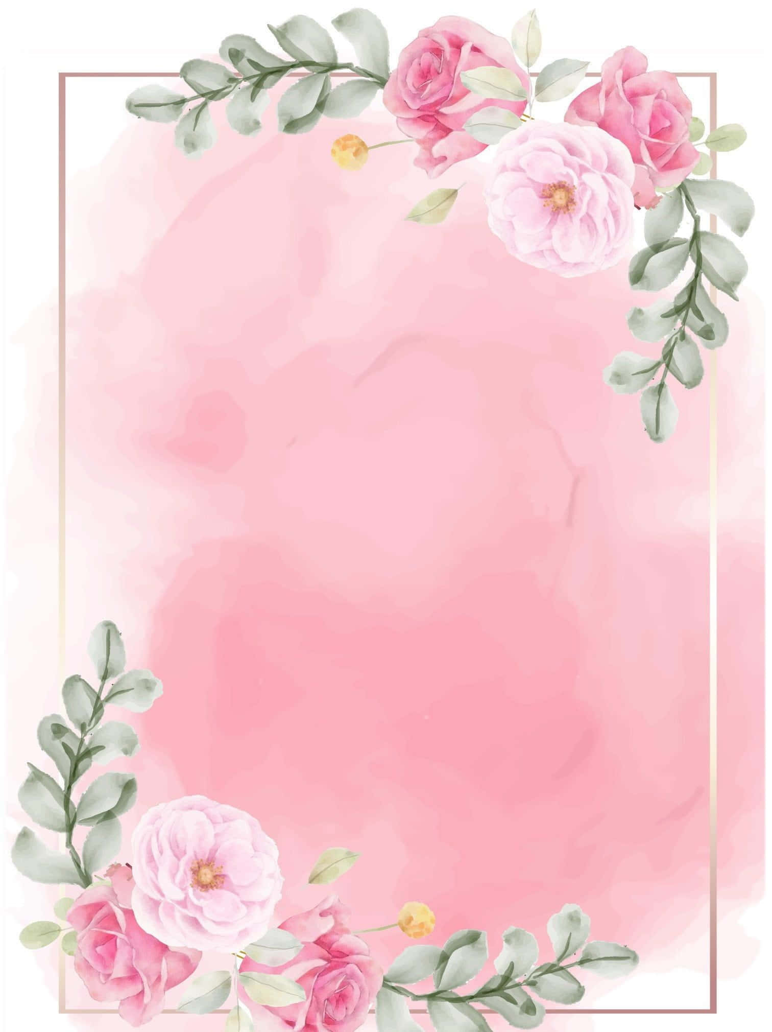 Pink Flower 桌布 壁紙 — 柔和的粉紅色水彩背景，以精緻的粉紅玫瑰和綠色植物鑲嵌在金色邊框中。