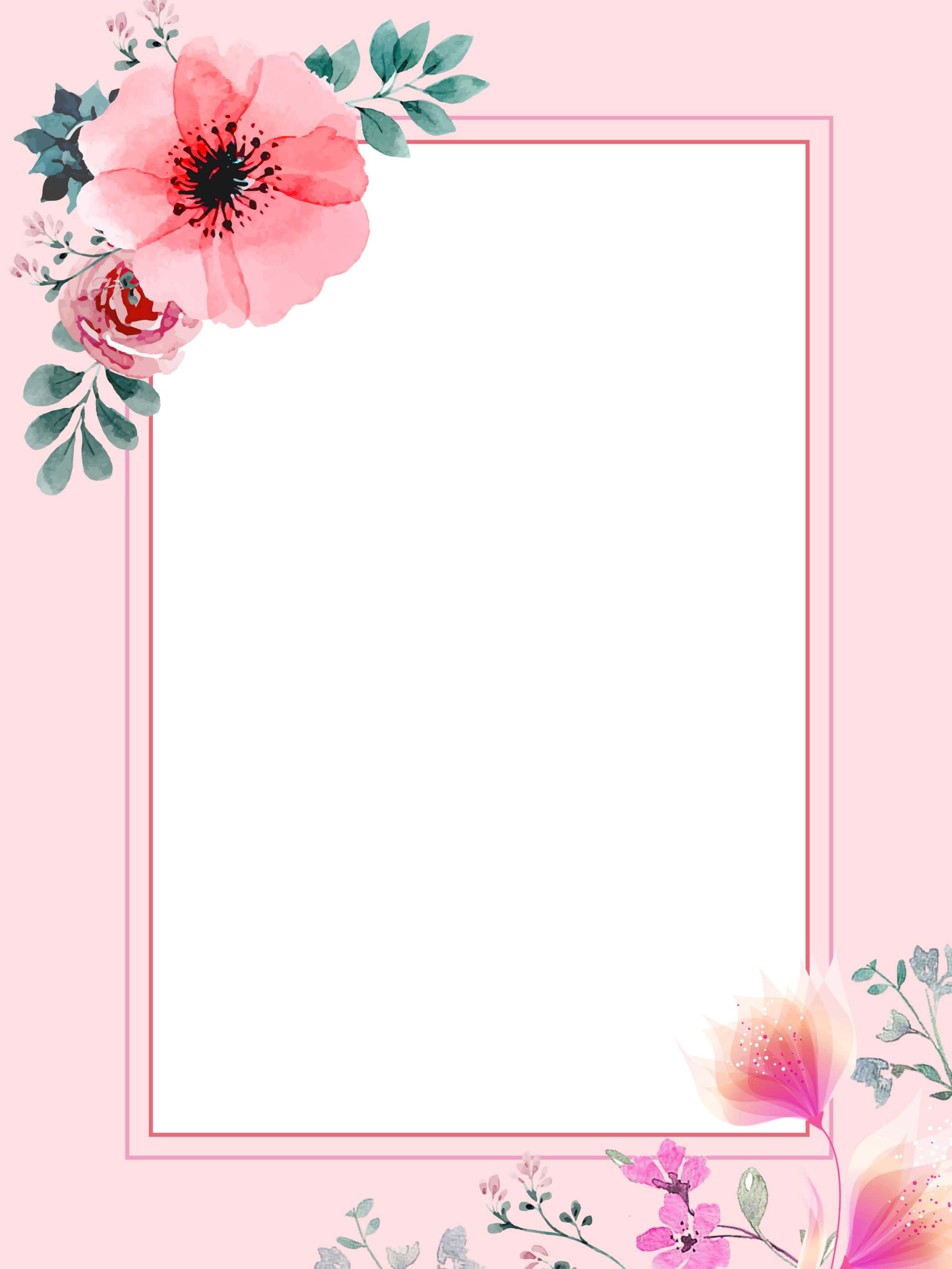 Pink Flower 桌布 壁紙 — 柔和的粉紅色水彩花卉邊框，角落有精緻的花朵和綠色植物，框住空白的白色空間。