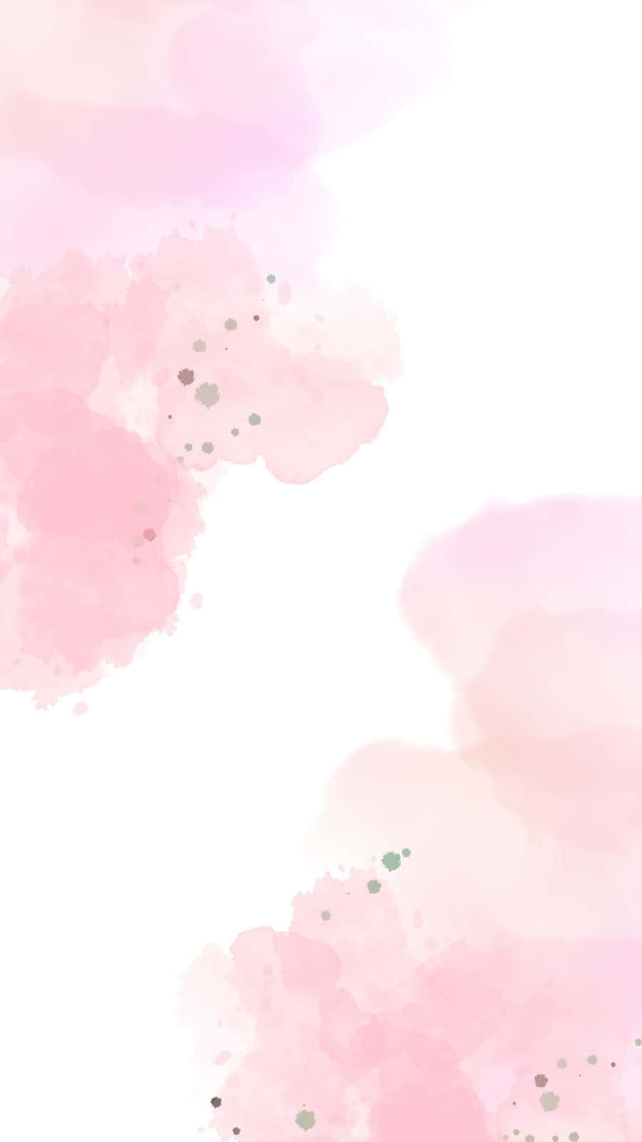 Pink Watercolor 桌布 壁紙 — 柔和的粉紅色水彩花朵在明亮的白色畫布上飄動，帶有散落的灰色斑點。