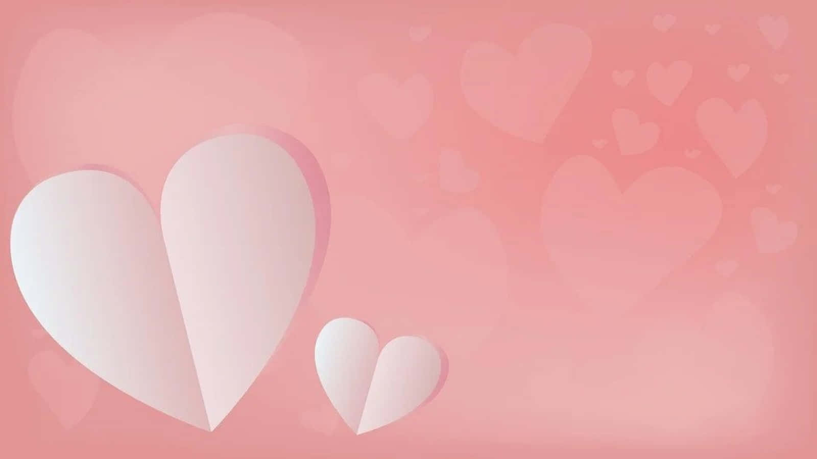 Heart Shape 桌布 壁紙 — 柔和的粉紅色漸層背景，點綴著不同大小的層疊剪紙愛心，營造出溫柔浪漫的氛圍。