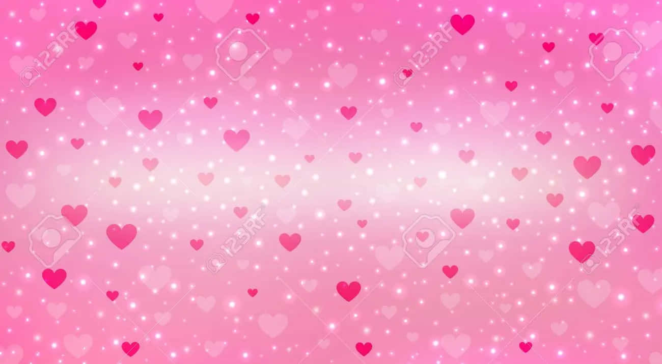 Glitter Pink Hearts 桌布 壁紙 — 柔和的粉紅色漸變背景，充滿漂浮的心形和閃閃發光的亮粉粒子。