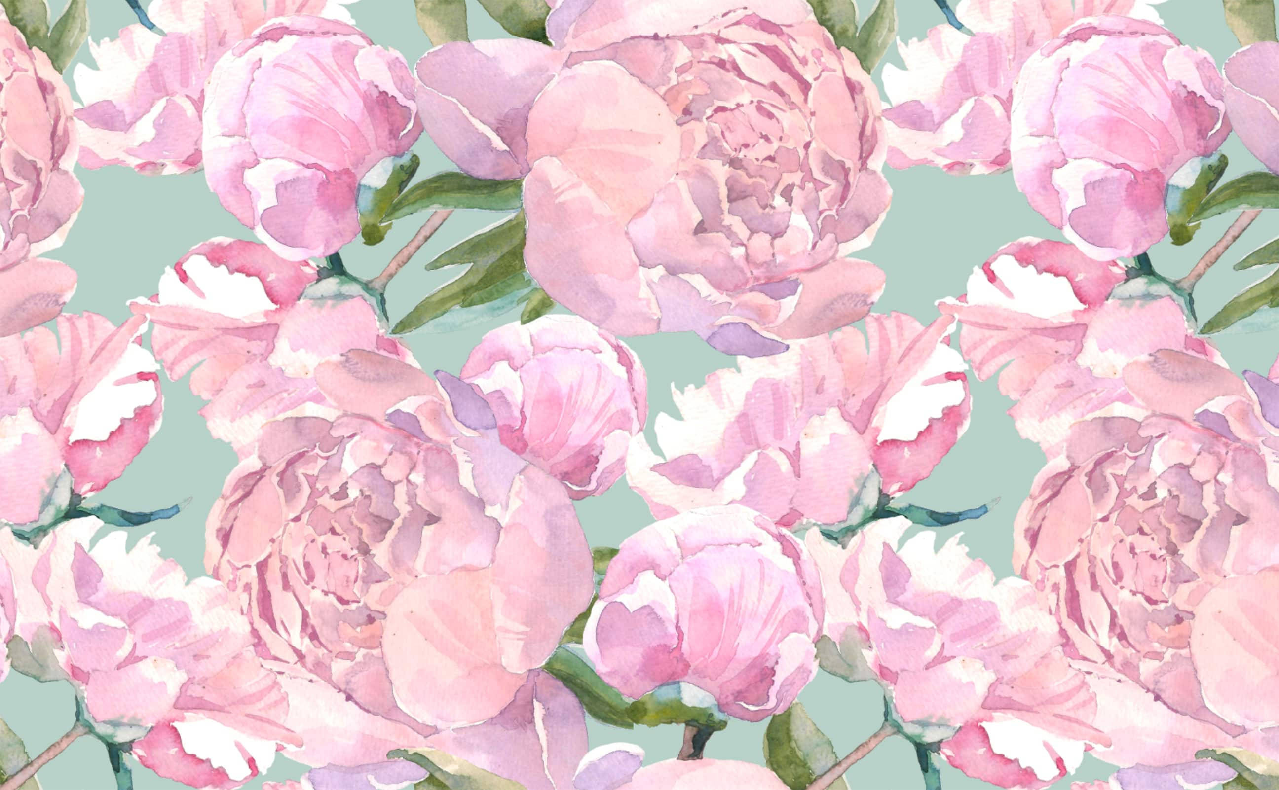 cute and pink 桌布 壁紙 — 柔和的粉紅色牡丹在薄荷綠色背景上以水彩圖案綻放，帶有精緻的綠色莖幹。