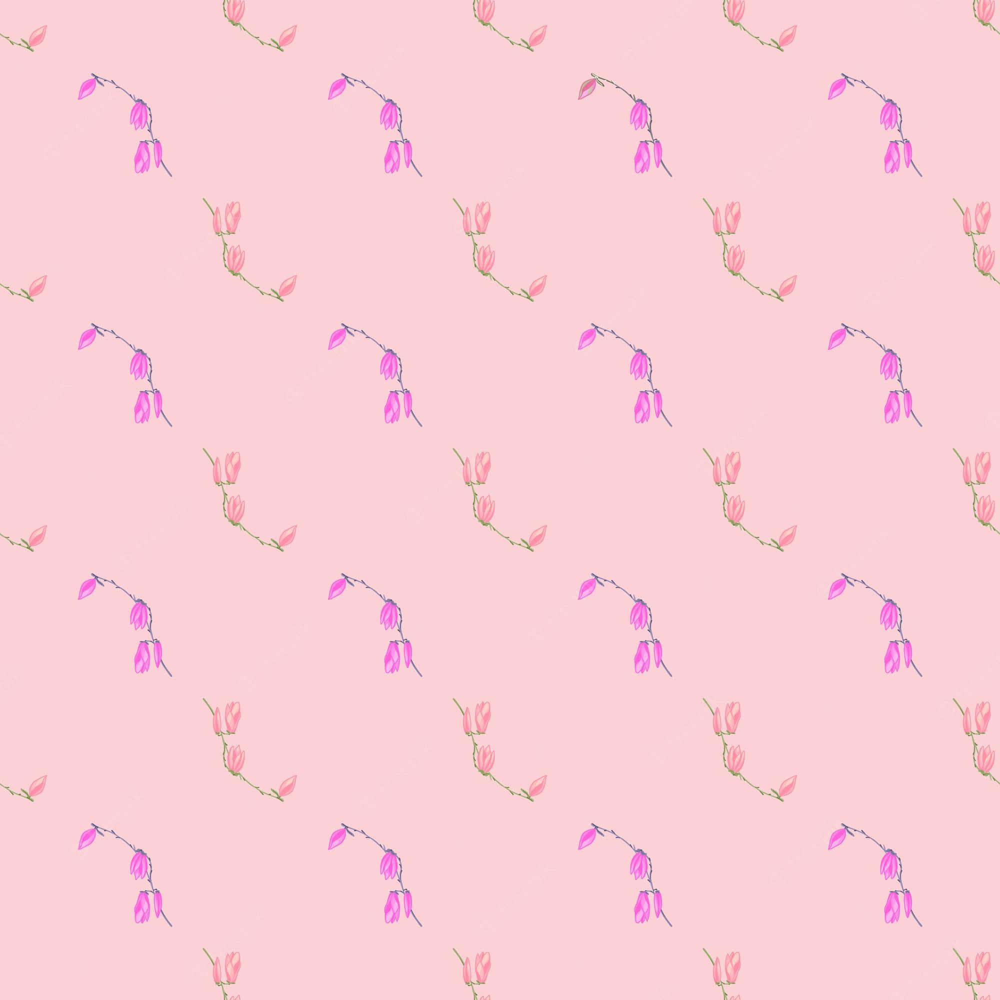 Cute Neon Pink 桌布 壁紙 — 柔和的粉紅色背景，點綴著重複的細膩粉紅色花枝，形成溫柔的重複圖案。