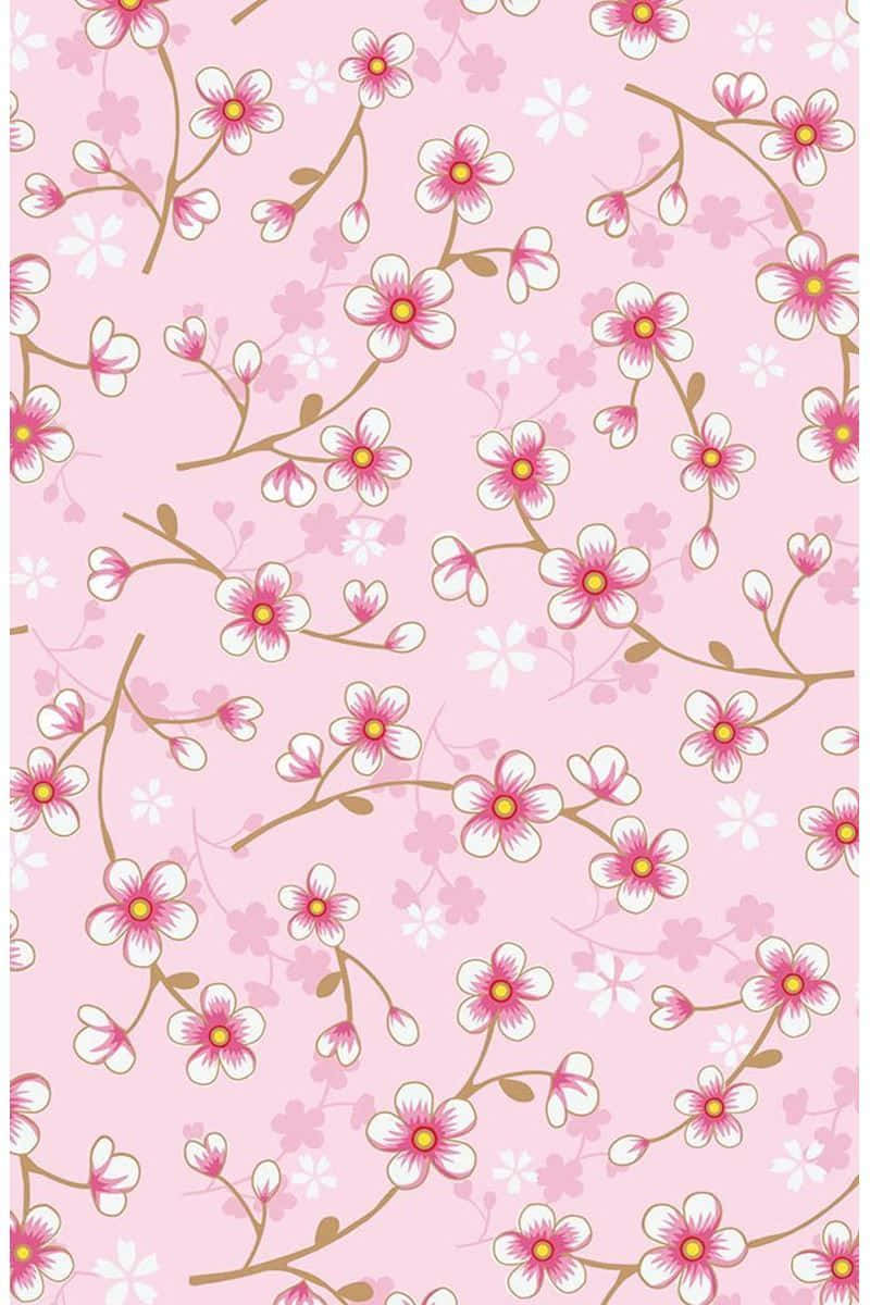 Pink Cherry Blossom 桌布 壁紙 — 柔和的粉紅色背景上，帶有黃色花心和棕色樹枝的粉紅色櫻花精緻圖案。