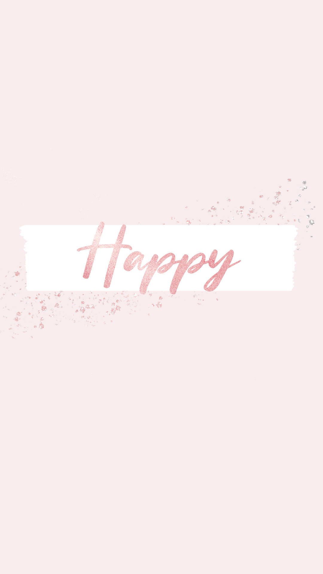 pastel 桌布 壁紙 — 柔和的粉紅色背景上，白色筆觸以玫瑰金草書寫著「Happy」字樣，並散落著閃爍的亮片。