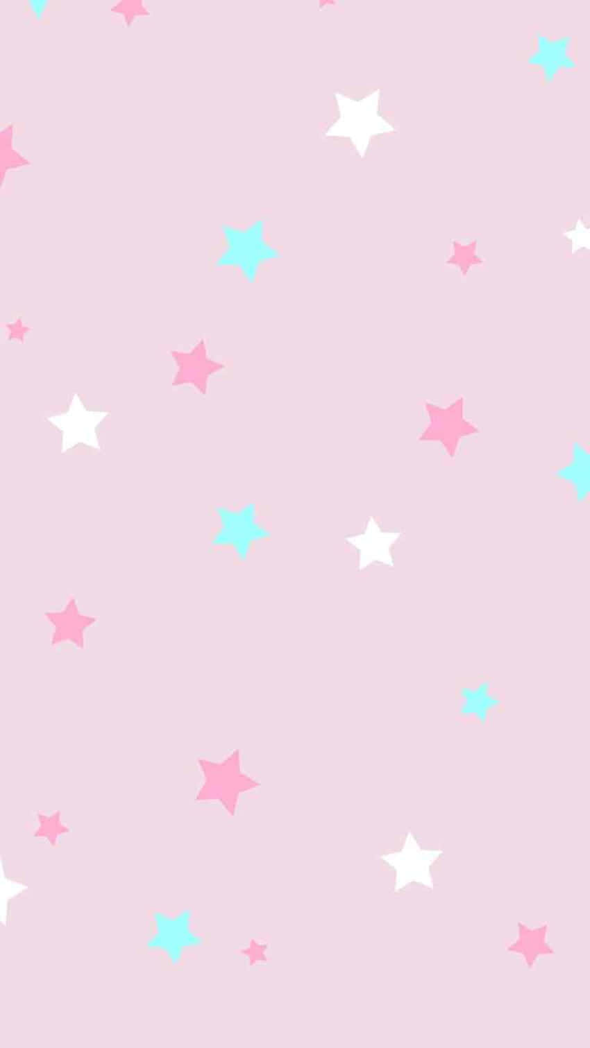 Stars 桌布 壁紙 — 柔和的粉紅色背景上散落著不同大小的粉紅色、淺藍色和白色星星。