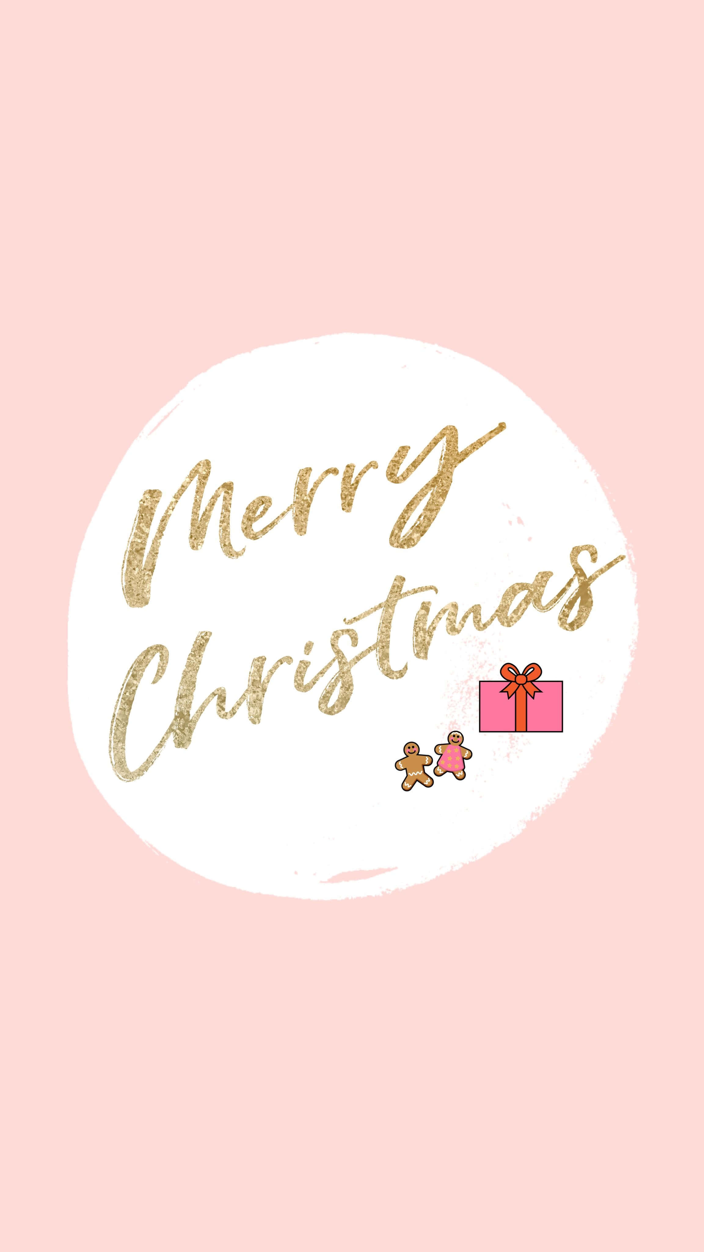 Cute Christmas Phone 桌布 壁紙 — 柔和的粉紅色背景上有一個白色圓圈，內有閃閃發光的金色「聖誕快樂」文字，以及小薑餅人和禮物圖標。