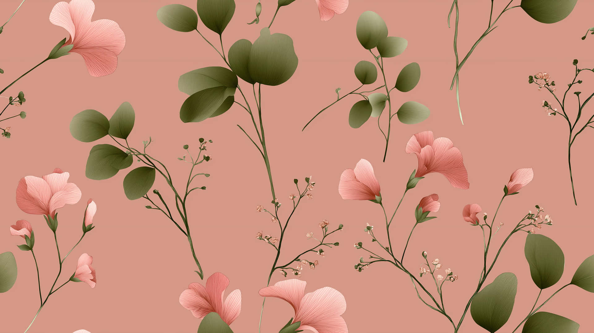 Delicate Watercolor Floral Pattern with Pink and Green 壁紙 — 柔和的粉紅色花朵和綠色桉樹葉在柔和的蜜桃色背景上優雅地飄浮。