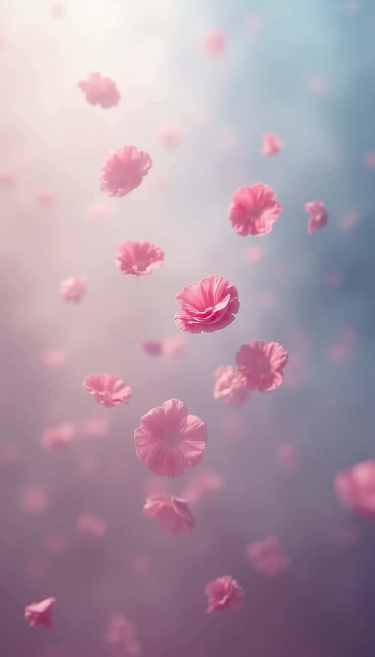 Flower 壁紙 — 柔和的粉紅色花朵在溫暖陽光下閃爍的朦朧天空中輕輕飄動。