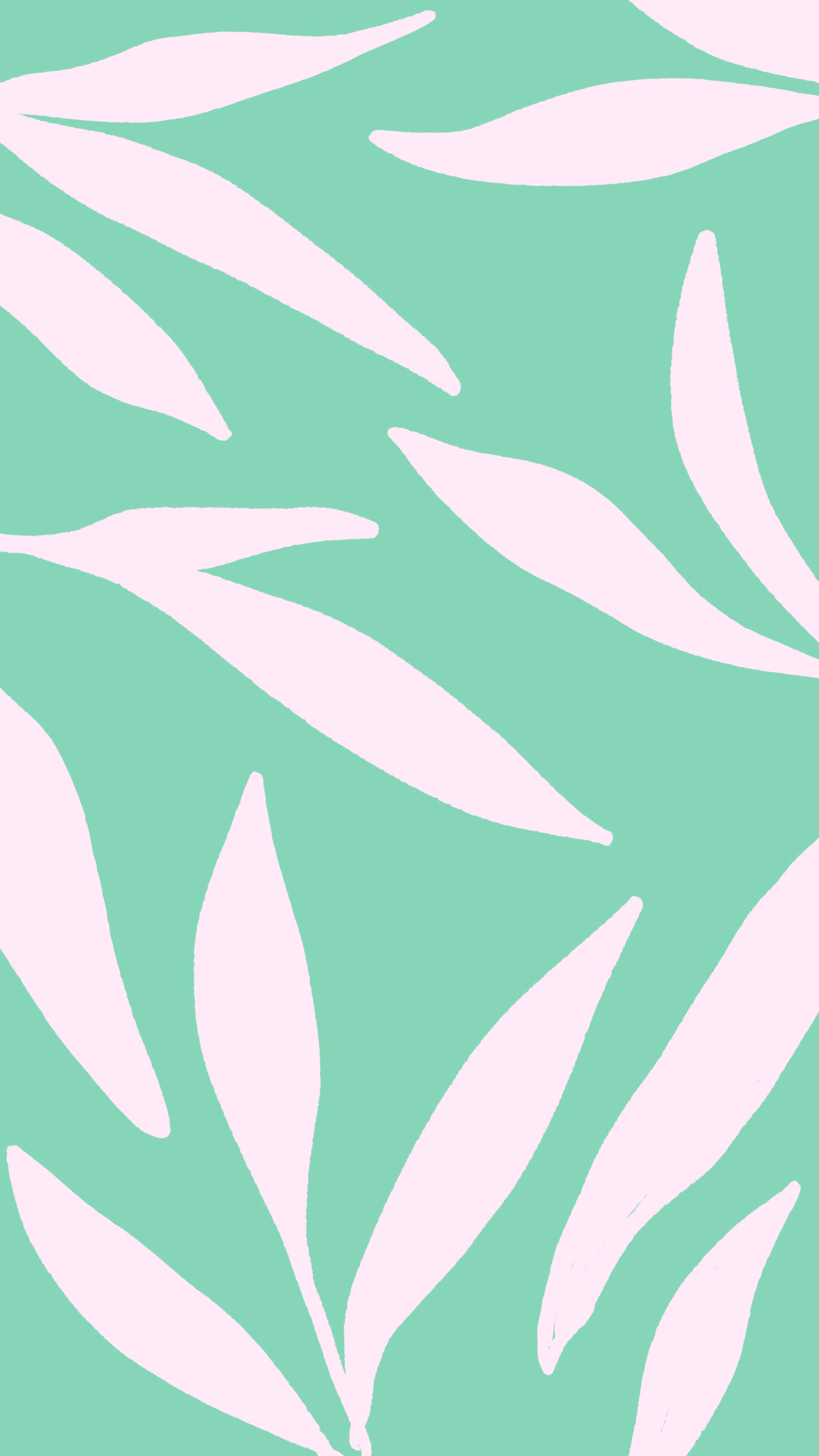 Pastel Minimalist 桌布 壁紙 — 柔和的粉紅色葉形在薄荷綠背景上漂浮，形成極簡抽象圖案。