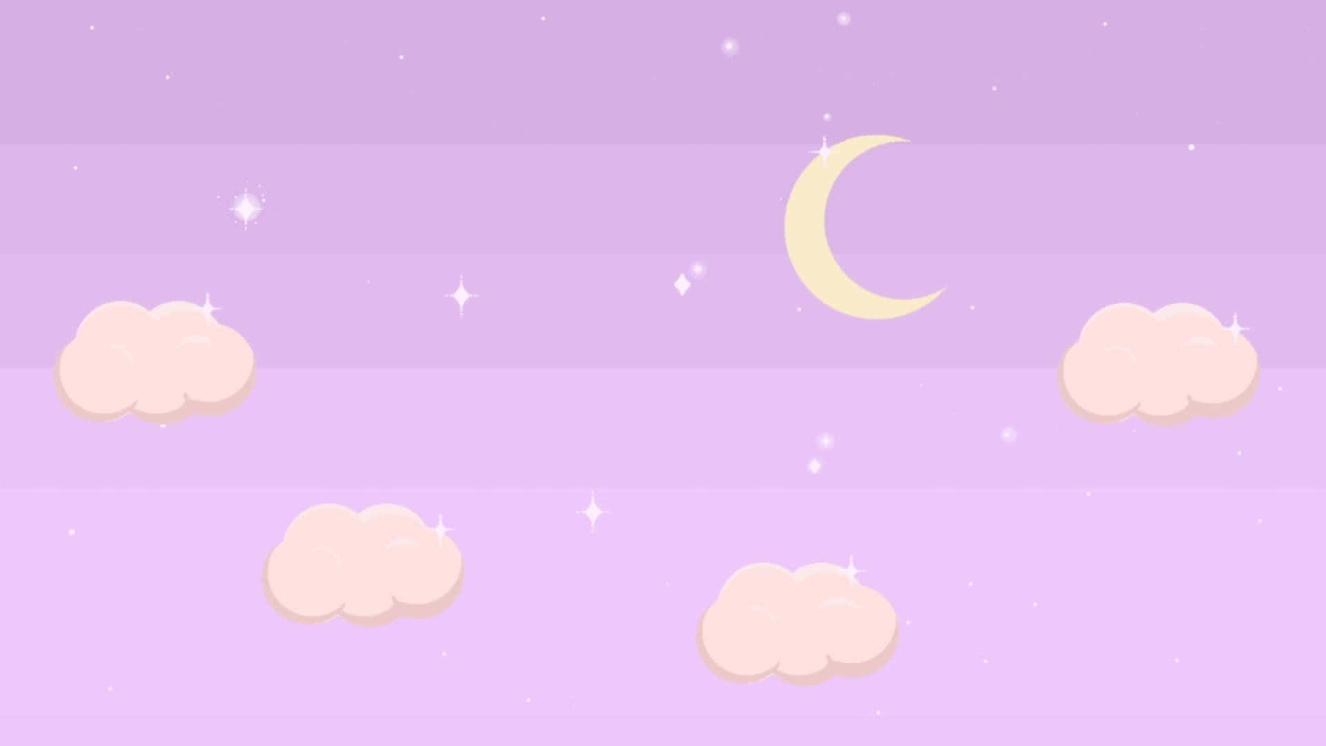 Kawaii Space 桌布 壁紙 — 柔和的粉紫色天空，配上黃色新月和閃爍星星的 fluffy 雲。