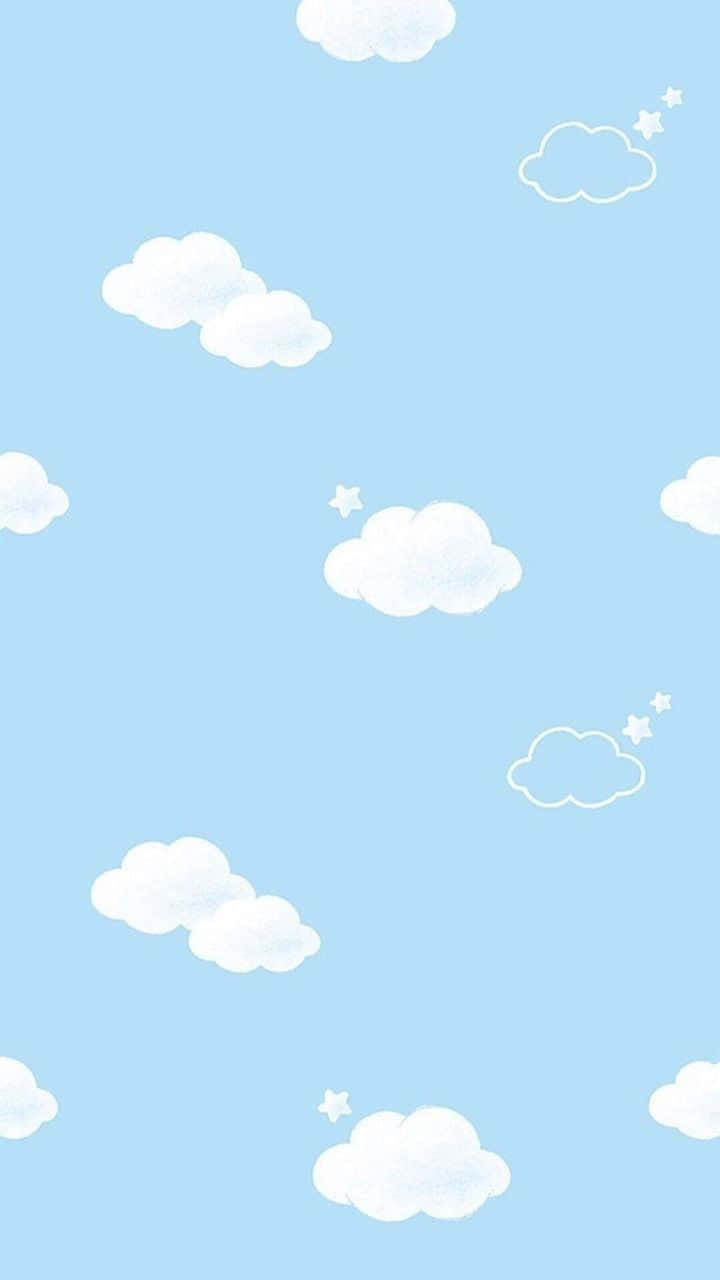 Cute Aesthetic iPad 桌布 壁紙 — 柔和的粉藍色天空，充滿蓬鬆的白雲和小星星，輕輕漂浮在畫布上。