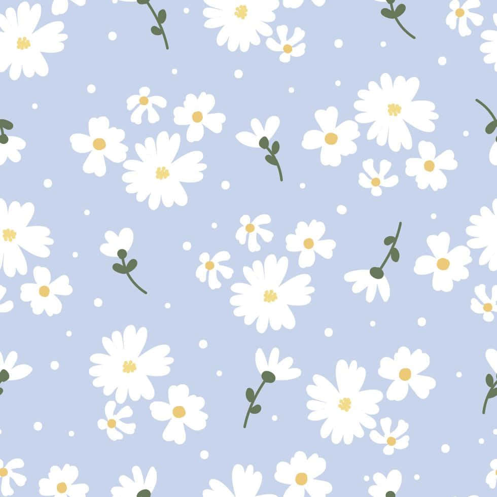 Daisies 桌布 壁紙 — 柔和的粉藍色背景，點綴著散落的白色雛菊和帶有細小白點的綠色莖幹。