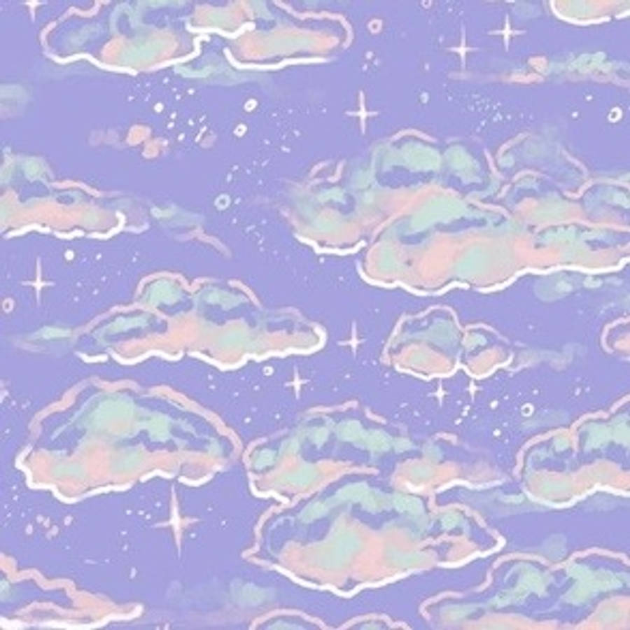 美學 桌布 壁紙 — 柔和的紫色天空，充滿柔軟的雲朵和閃爍的星星，形成夢幻的天體圖案。