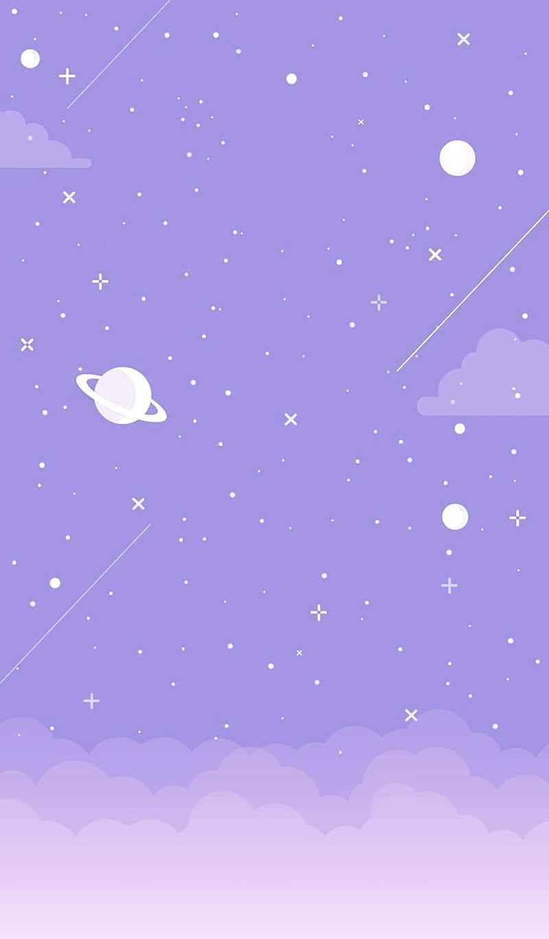 Aesthetic Purple 桌布 壁紙 — 柔和的紫色天空，充滿白色星星、行星和雲朵，帶有簡約幾何形狀輕輕漂浮。