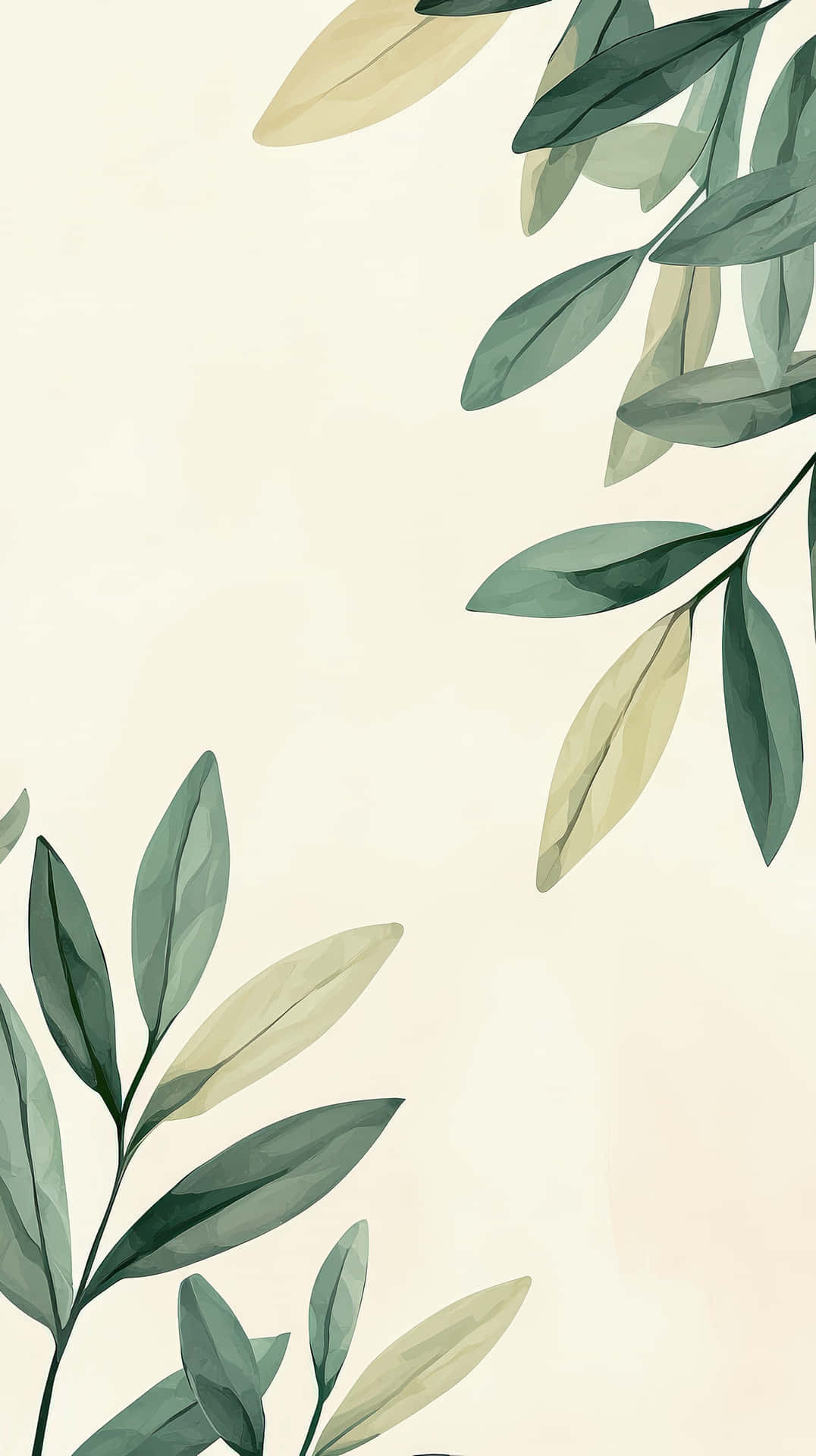 Minimalist Botanical Watercolor Leaves Background 壁紙 — 柔和的綠色和奶油色水彩葉片裝飾著極簡背景的角落。