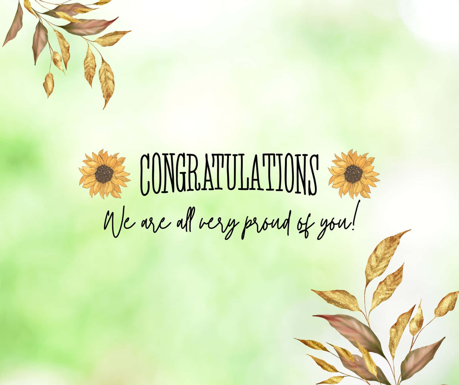 Congratulations 桌布 壁紙 — 柔和的綠色水彩背景，金色向日葵和秋葉環繞著祝賀訊息。