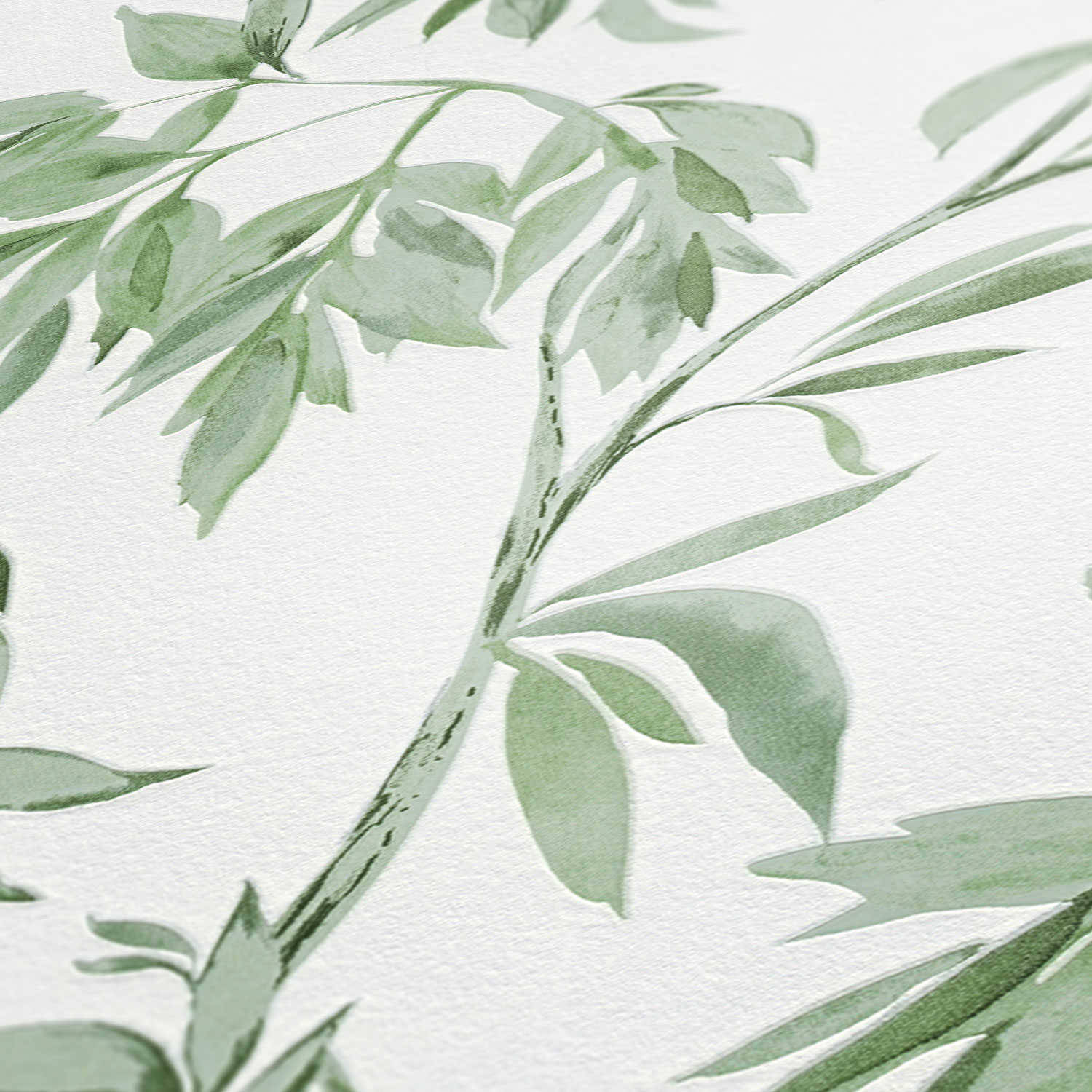 Plant Aesthetic 桌布 壁紙 — 柔和的綠色調中精緻的水彩葉片，在帶有紋理的白色紙張上以輕柔的筆觸飄動。
