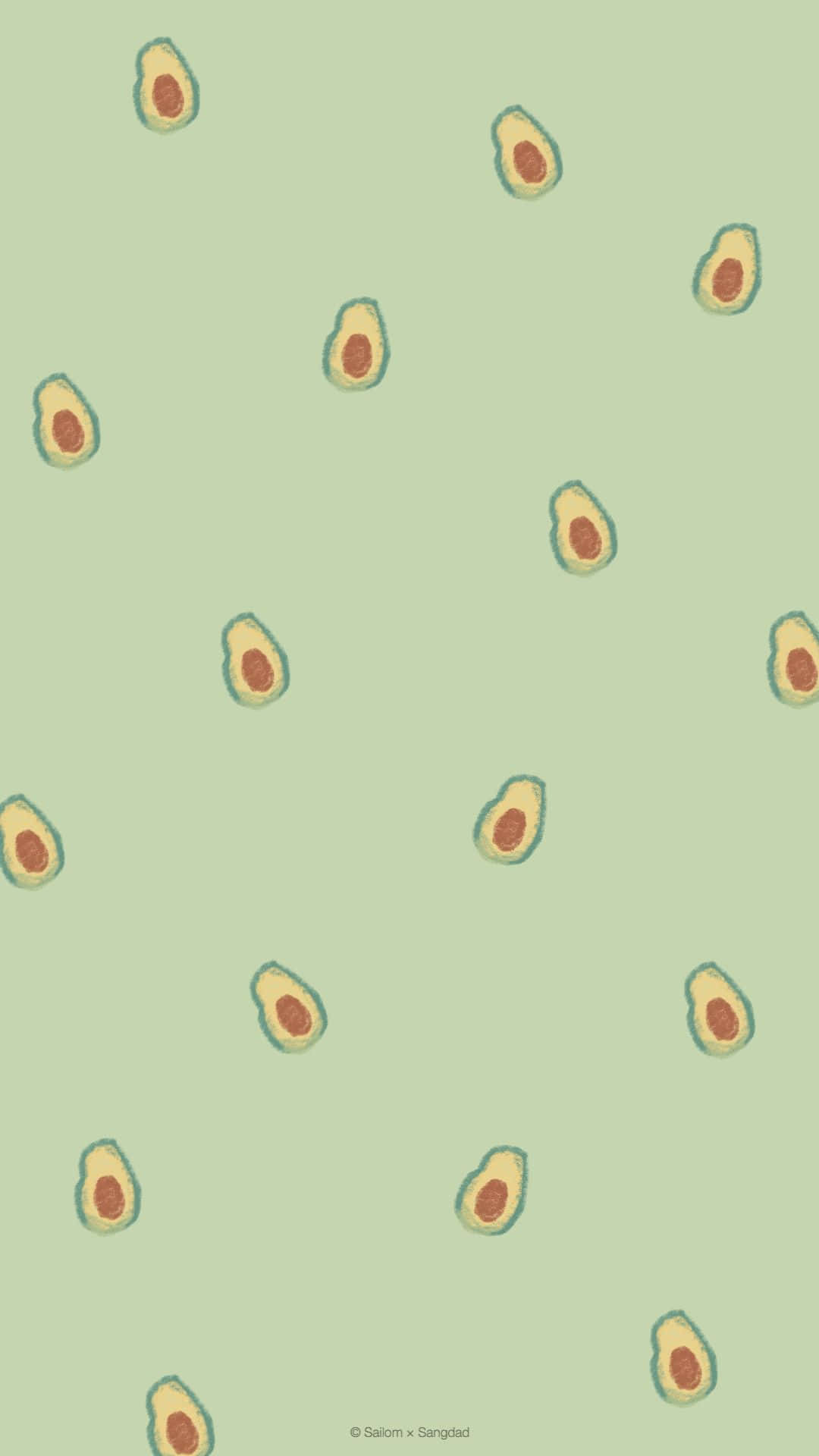 Avocado iPhone 桌布 壁紙 — 柔和的薄荷綠色壁紙，帶有分散的插圖酪梨半個，呈現極簡圖案。