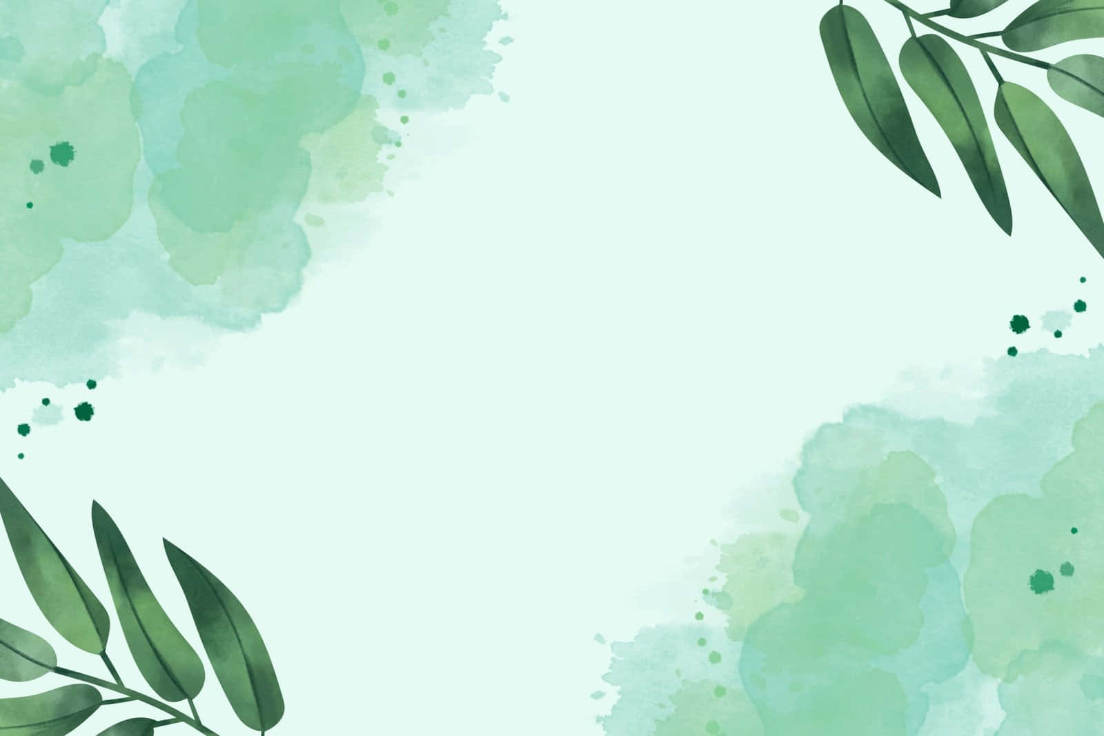 Canva 桌布 壁紙 — 柔和的薄荷綠色水彩洗滌在淡色背景上以精緻的樹枝葉片框住角落。
