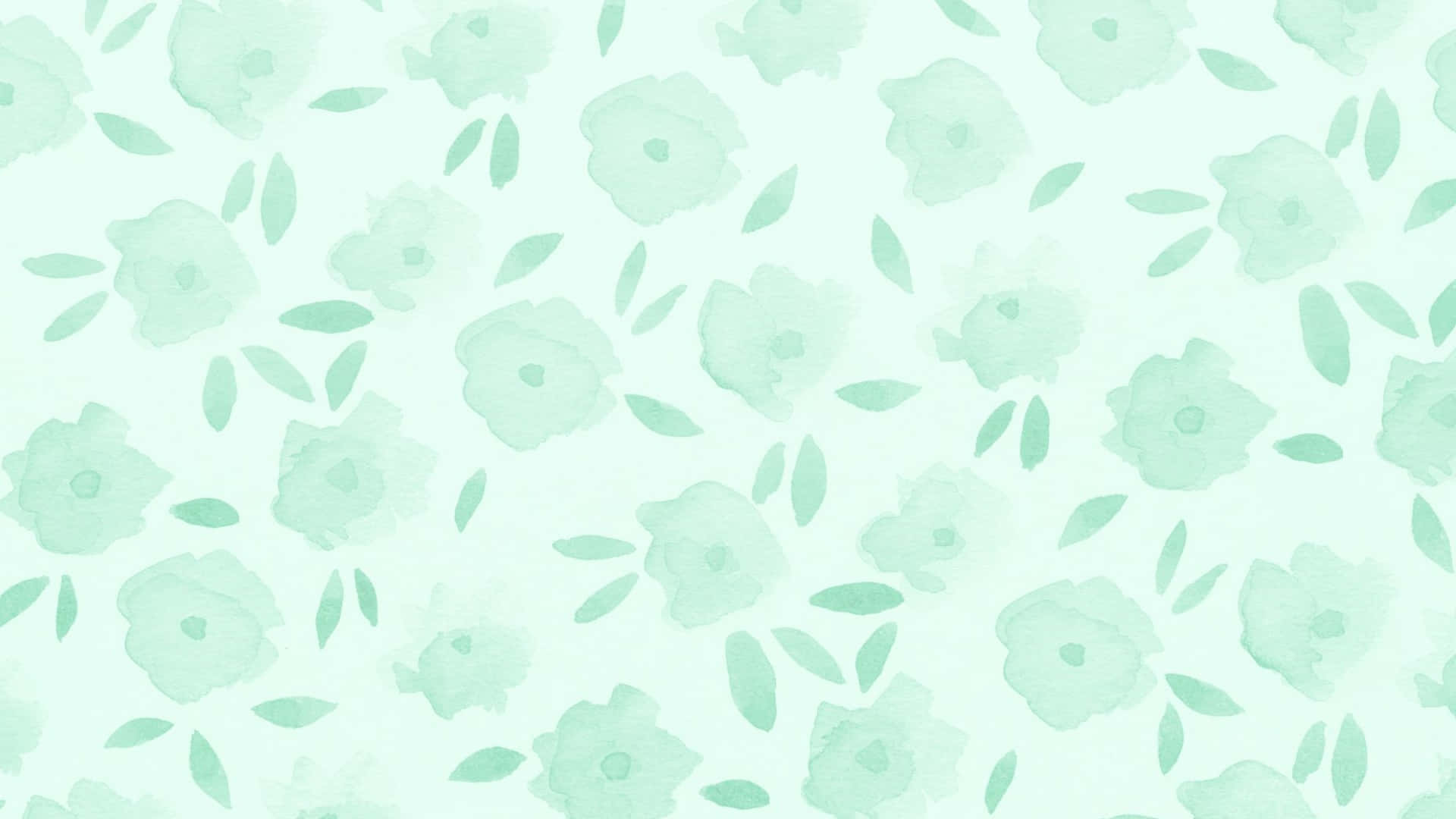High Resolution Green 桌布 壁紙 — 柔和的薄荷綠色水彩花朵和葉子在淡色背景上以精緻的重複圖案輕輕飄浮。