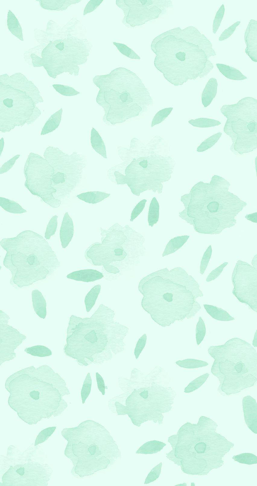 Mint Green iPhone 桌布 壁紙 — 柔和的薄荷綠色水彩花朵和葉子在淡薄荷色背景上以精緻的重複圖案輕輕漂浮。