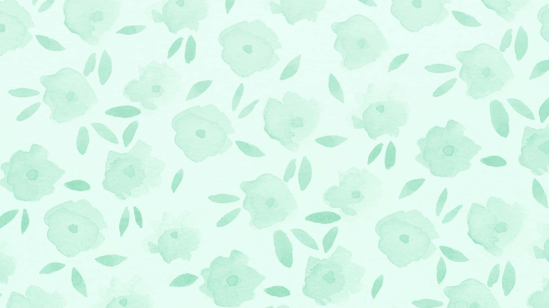 Cute Mint Green Aesthetic 桌布 壁紙 — 柔和的薄荷綠色水彩花朵和葉子散落在淡色背景上，形成溫柔的重複圖案。
