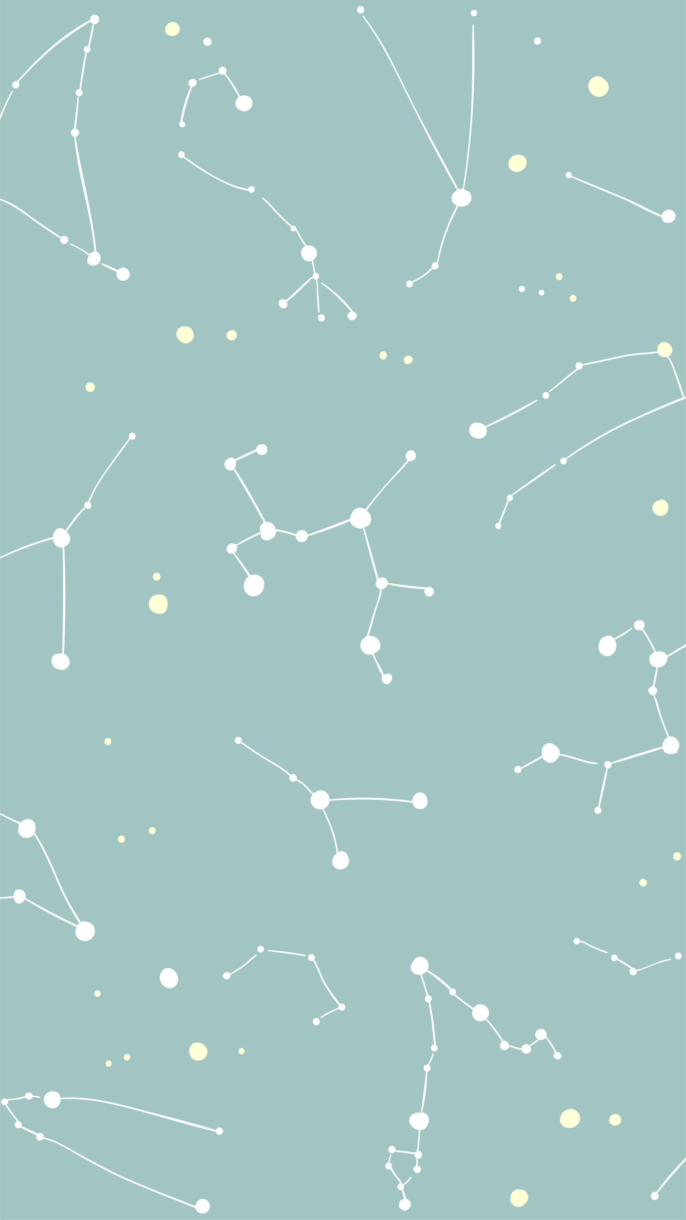 Stars 桌布 壁紙 — 柔和的薄荷綠色背景，飾有精緻的白色線條連接發光點，形成散落的星座。