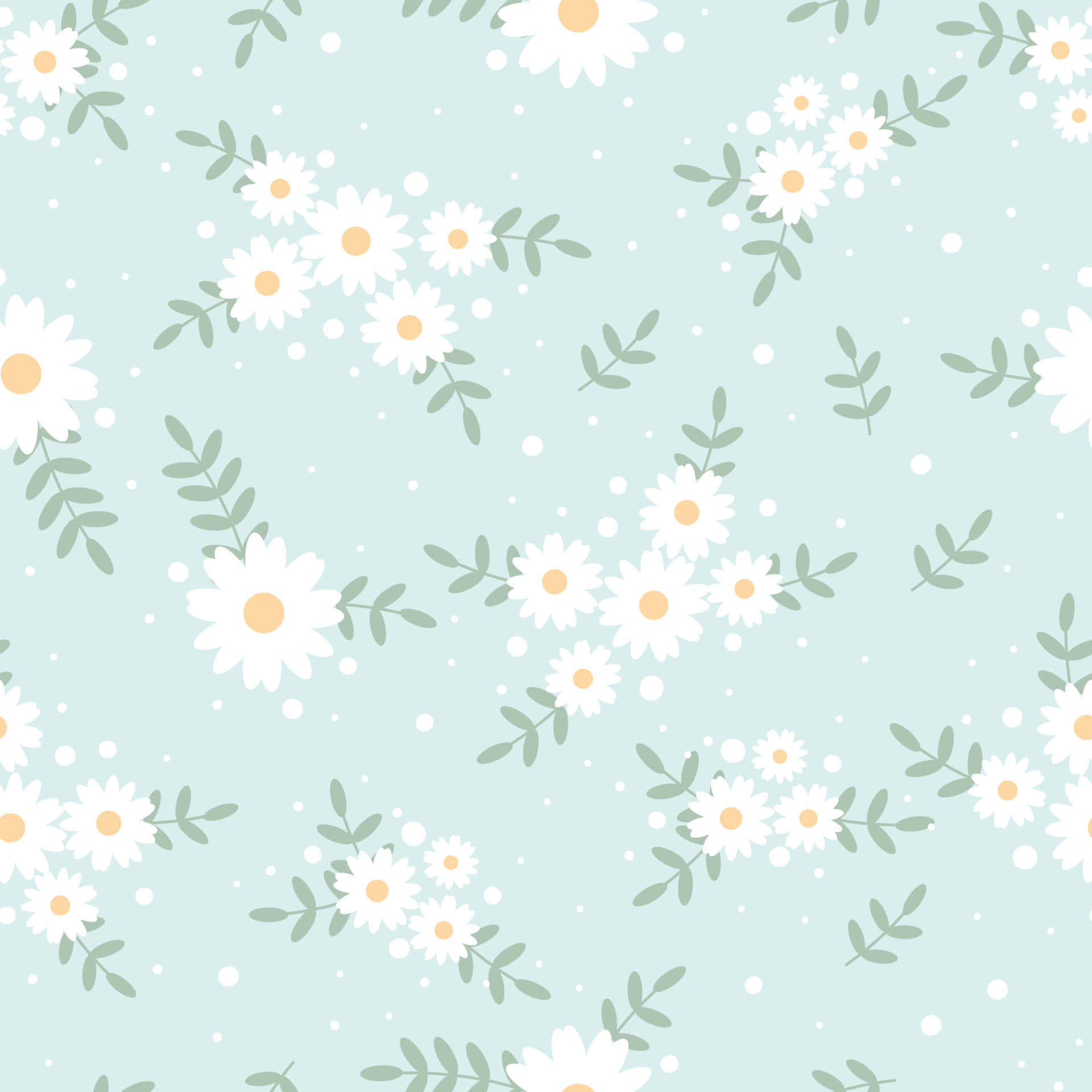 Daisy 桌布 壁紙 — 柔和的薄荷色背景，點綴著散落的白色雛菊和帶有小白圓點的綠葉。