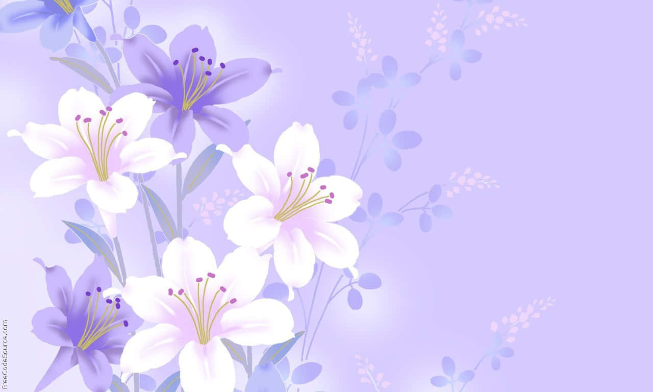1280x768 Rose 桌布 壁紙 — 柔和的薰衣草和白色百合花在夢幻的淡紫色背景上優雅綻放，帶有精緻的葉子。