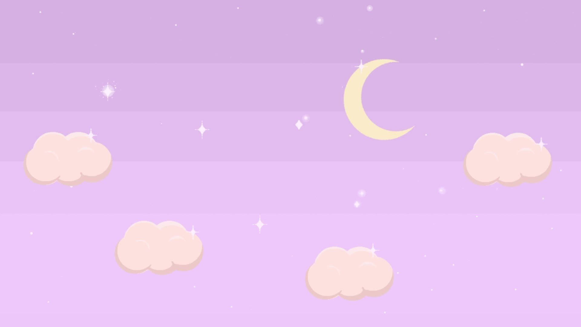 cute aesthetic pc 桌布 壁紙 — 柔和的薰衣草天空，帶有粉彩雲朵、閃爍星星和溫柔的彎月，靜靜地漂浮在上方。