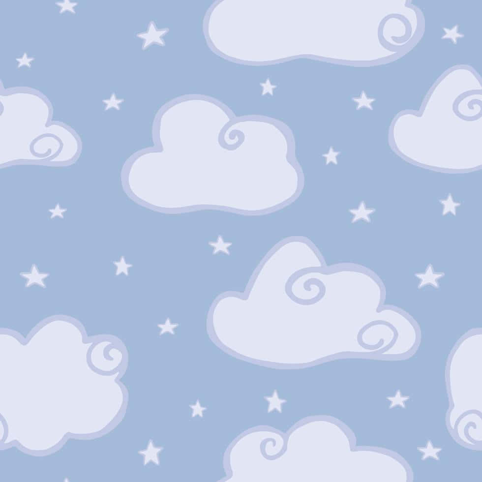 雲朵 桌布 壁紙 — 柔和的藍天充滿了奇思妙想的白雲和散落的星星，形成重複圖案。