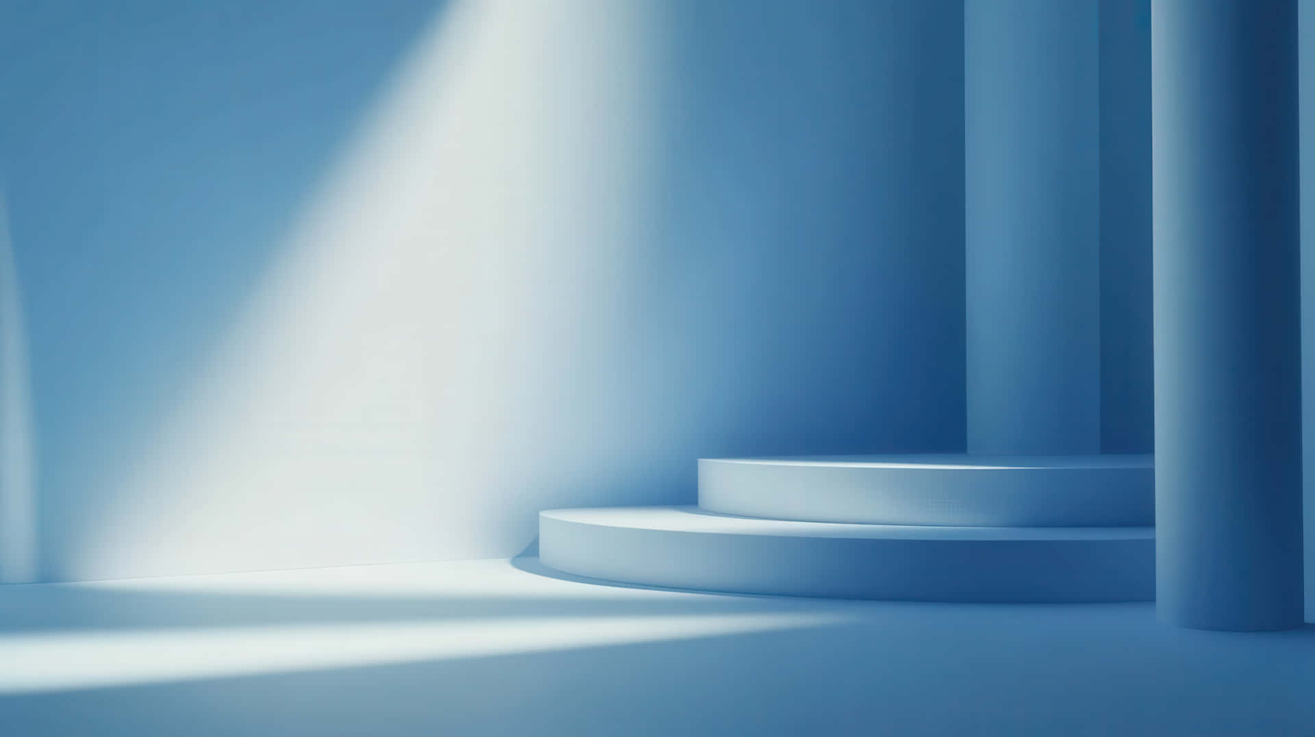 Minimalist Blue Architectural Scene with Soft Light and Shadows 壁紙 — 柔和的藍色光束照亮了簡約抽象建築空間中光滑的彎曲台階和柱子。