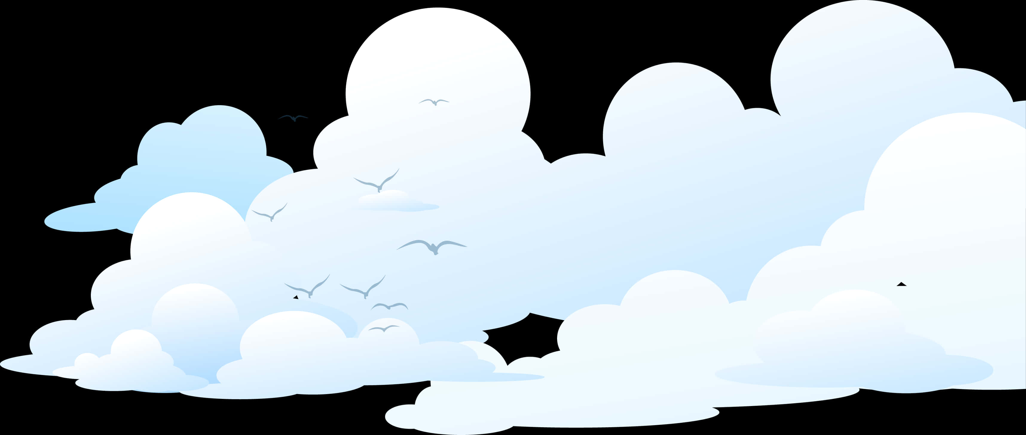 Awan 桌布 壁紙 — 柔和的藍色和白色卡通雲朵漂浮在黑色背景上，小鳥在它們之間飛翔。