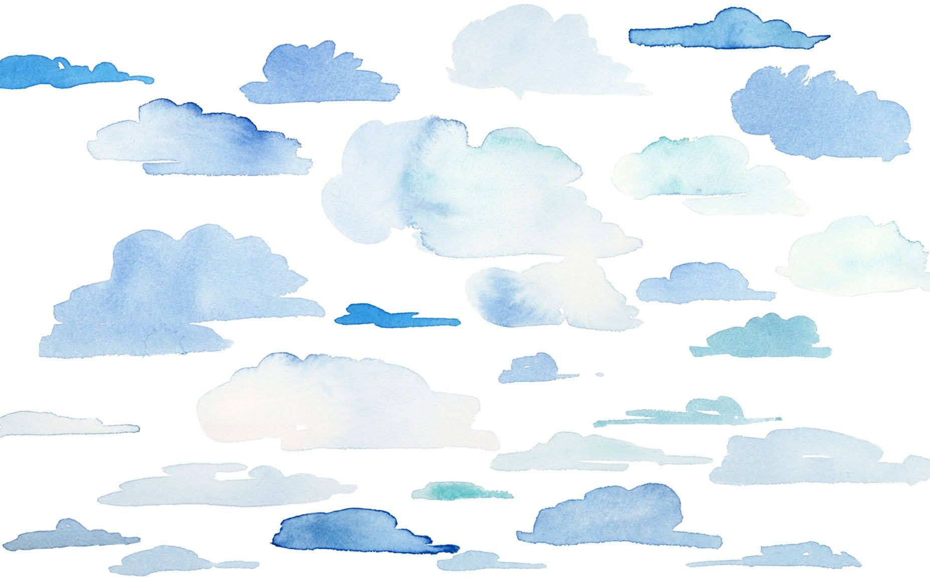 Watercolor 桌布 壁紙 — 柔和的藍色和白色水彩雲朵在潔白的背景上以溫柔的藝術風格飄動。