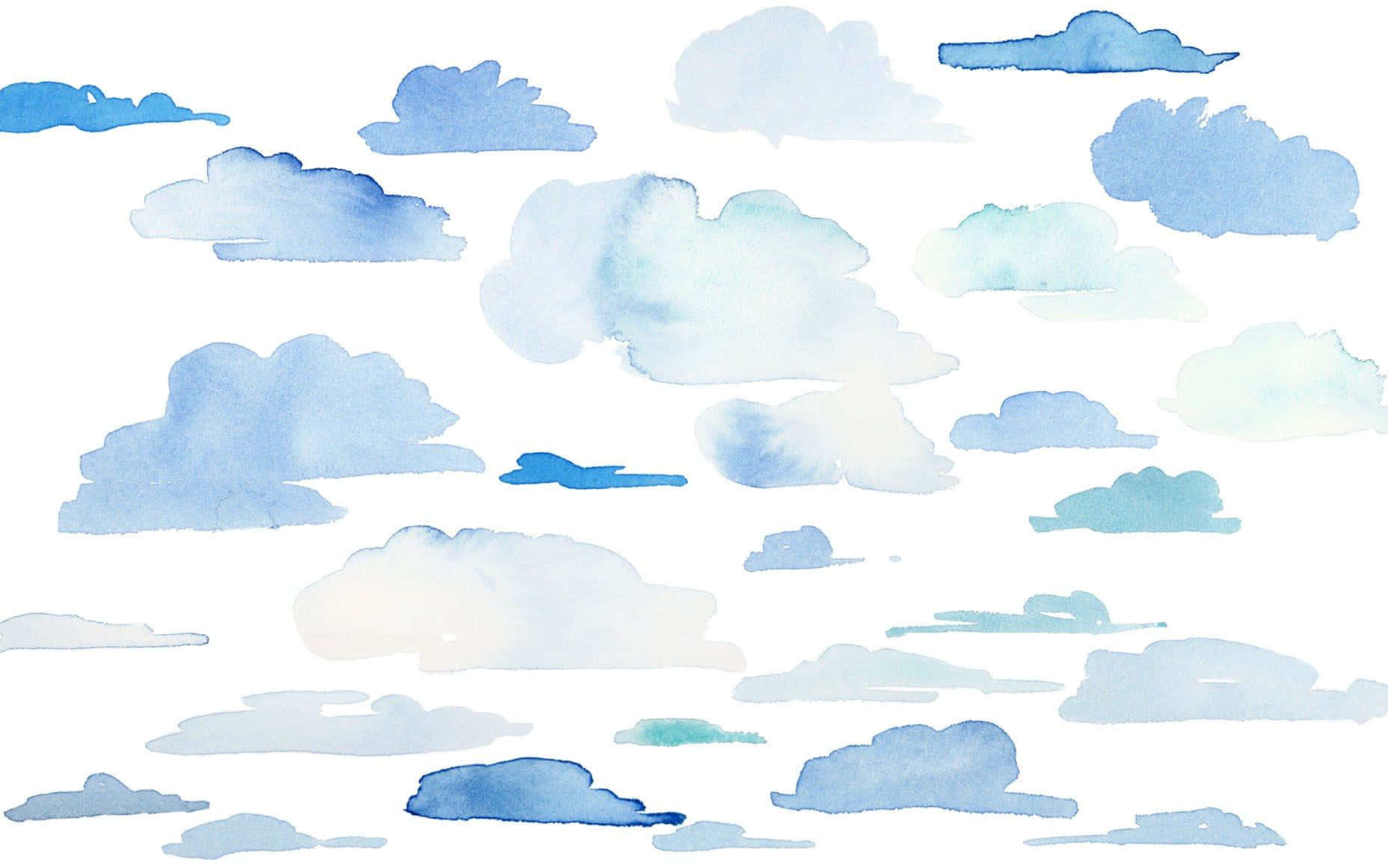 Watercolor 桌布 壁紙 — 柔和的藍色和白色水彩雲朵在潔白的背景上輕輕飄浮，營造出夢幻的天空場景。