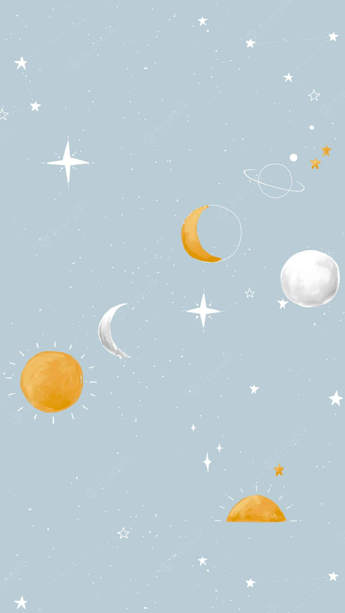 藝術 桌布 壁紙 — 柔和的藍色天空，充滿白色星星、黃色新月和風格化的行星，在太空中輕輕漂浮。