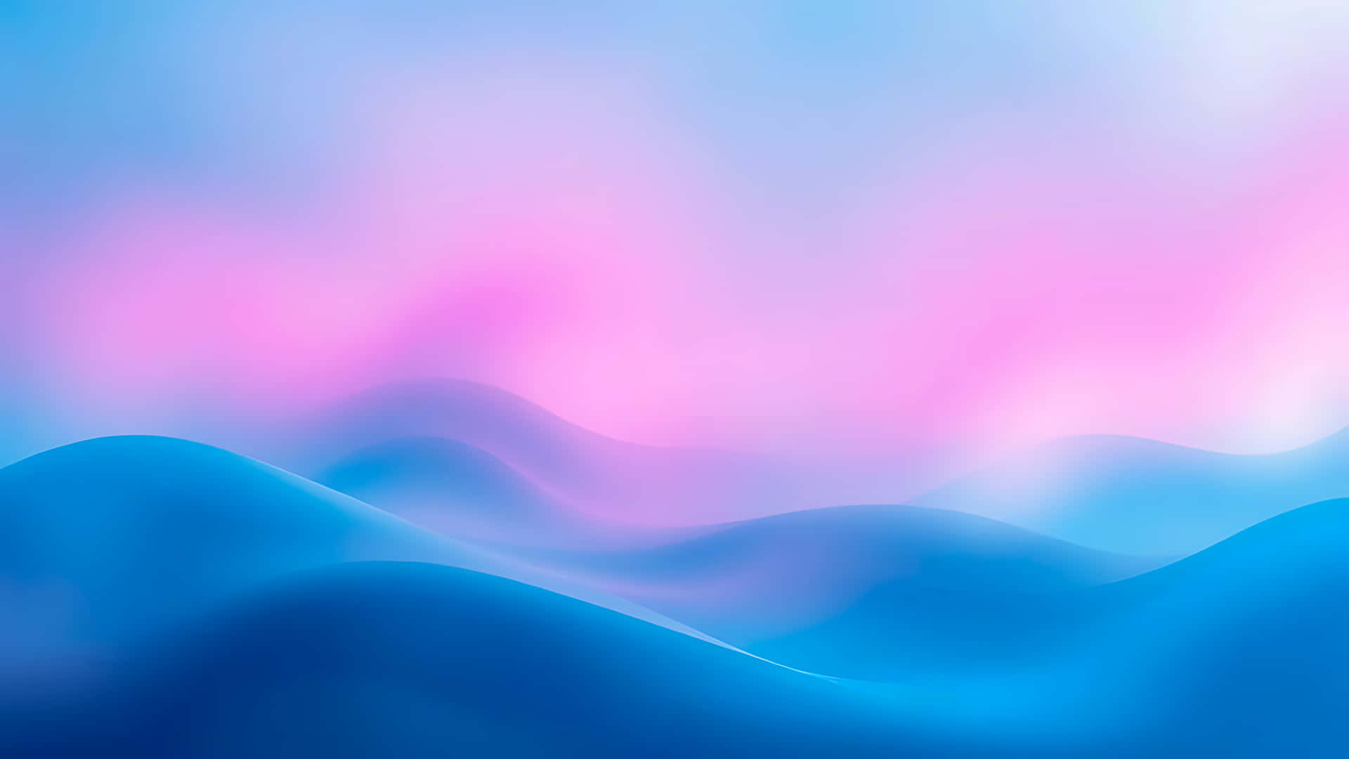 Abstract landscape with blue hills and pink sky gradient background 壁紙 — 柔和的藍色波浪在夢幻般的漸層天空下流動，融合了粉紅色和淺藍色。