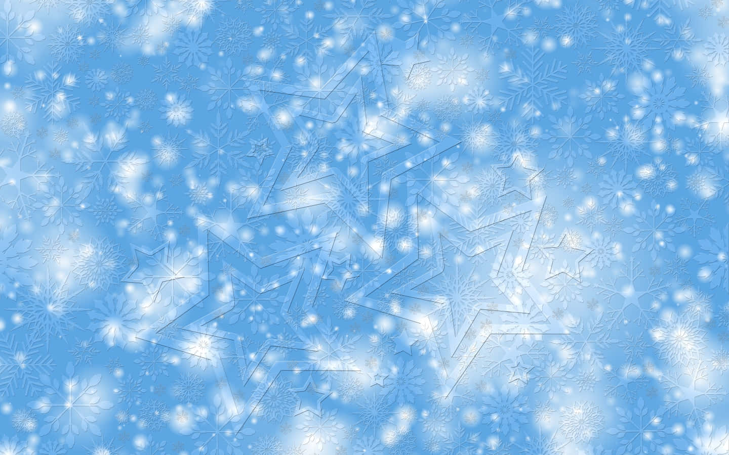 雪花 桌布 壁紙 — 柔和的藍色背景，充滿發光的白色雪花和分層的星星輪廓，營造出神奇的冬季仙境。