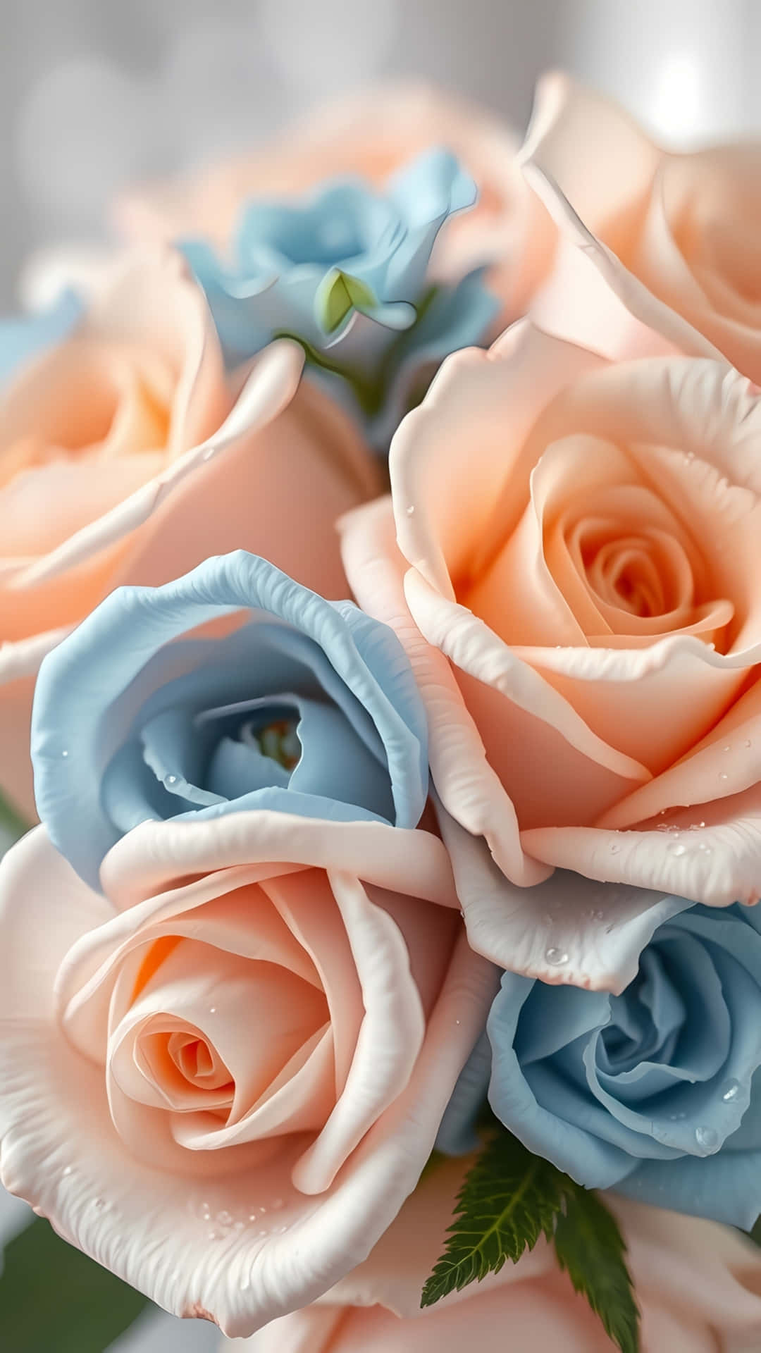 Pastel Peach and Blue Roses Close Up 壁紙 — 柔和的蜜桃色和天藍色玫瑰帶有露珠，在模糊背景的細膩特寫中綻放。