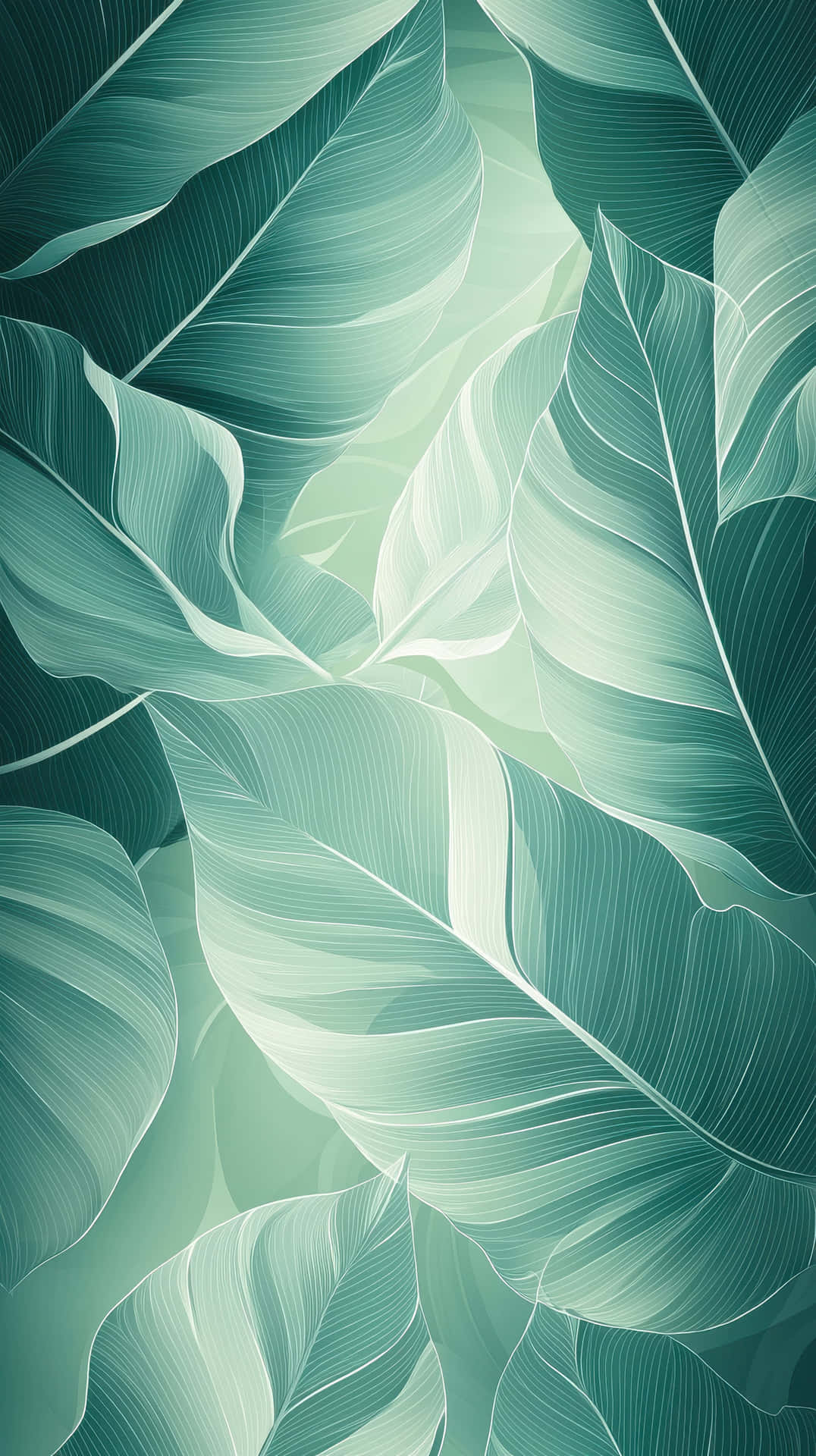 Abstract tropical green leaves forming an artistic botanical pattern. 壁紙 — 柔和的青綠色和白色重疊的熱帶葉子，營造出帶有發光高光的寧靜抽象植物圖案。